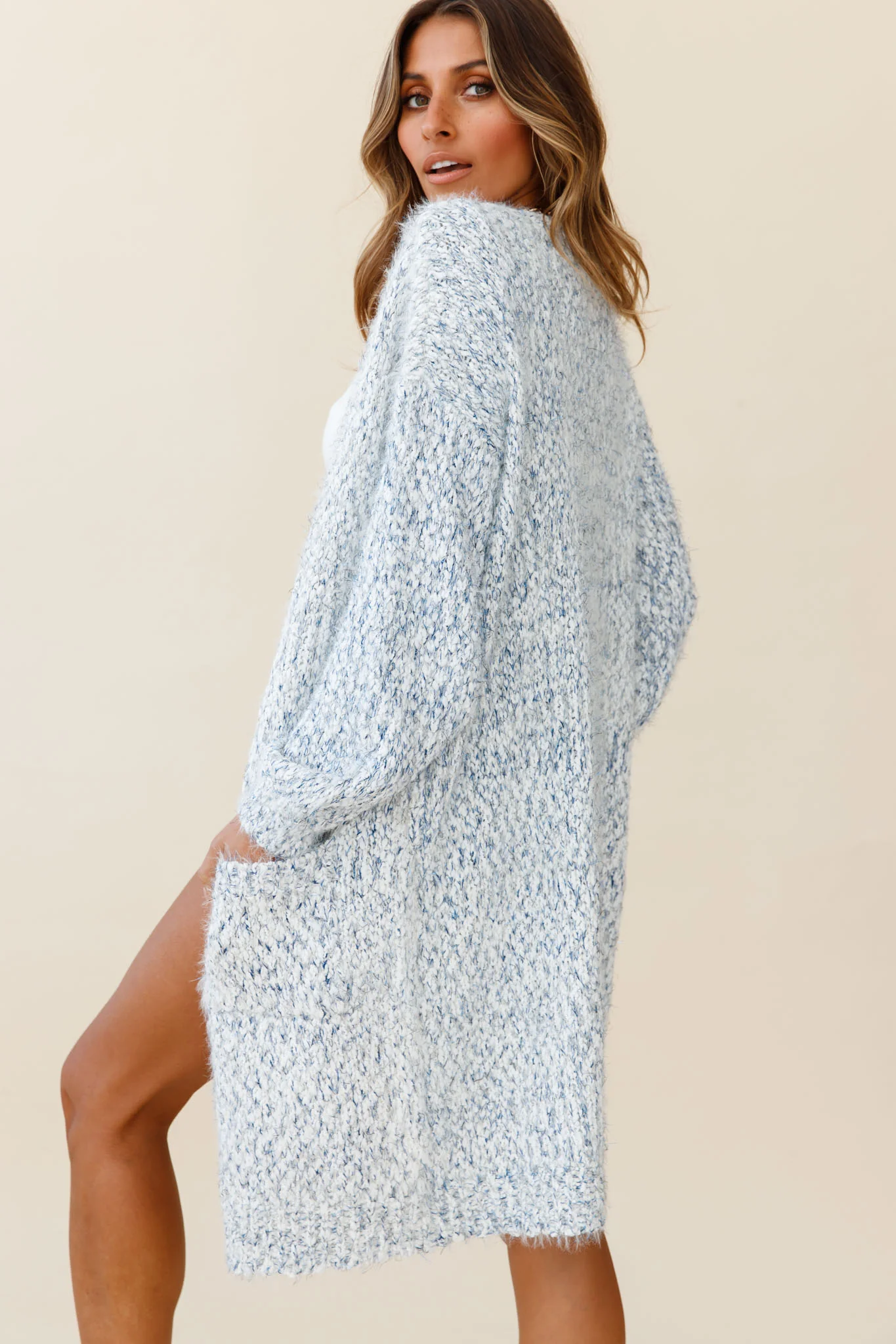 Take It Easy Long Sleeve Chunky Knit Duster Cardigan White - Image 3