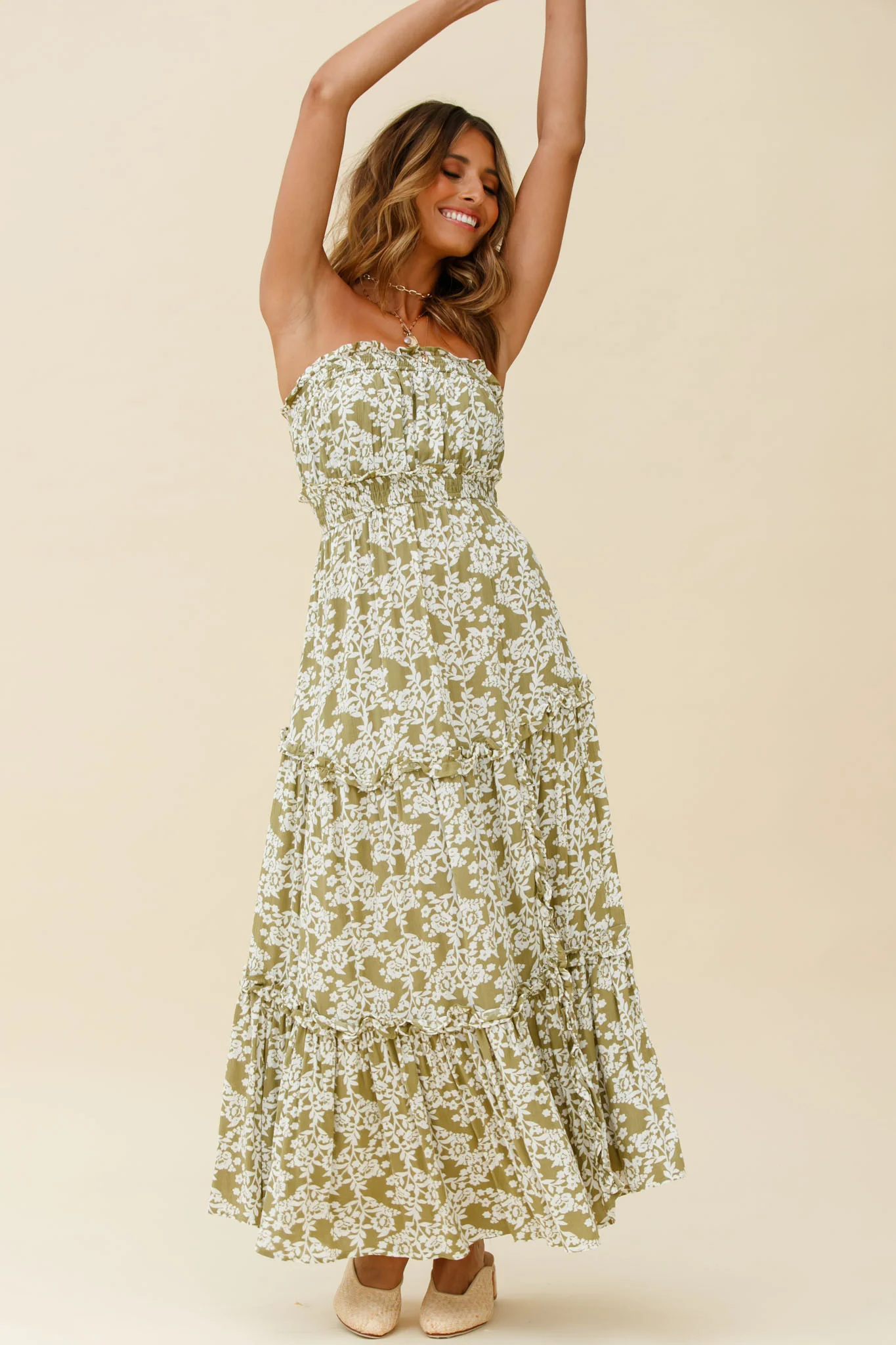 Take Me Away Strapless Maxi Dress Floral Print Green - Image 3