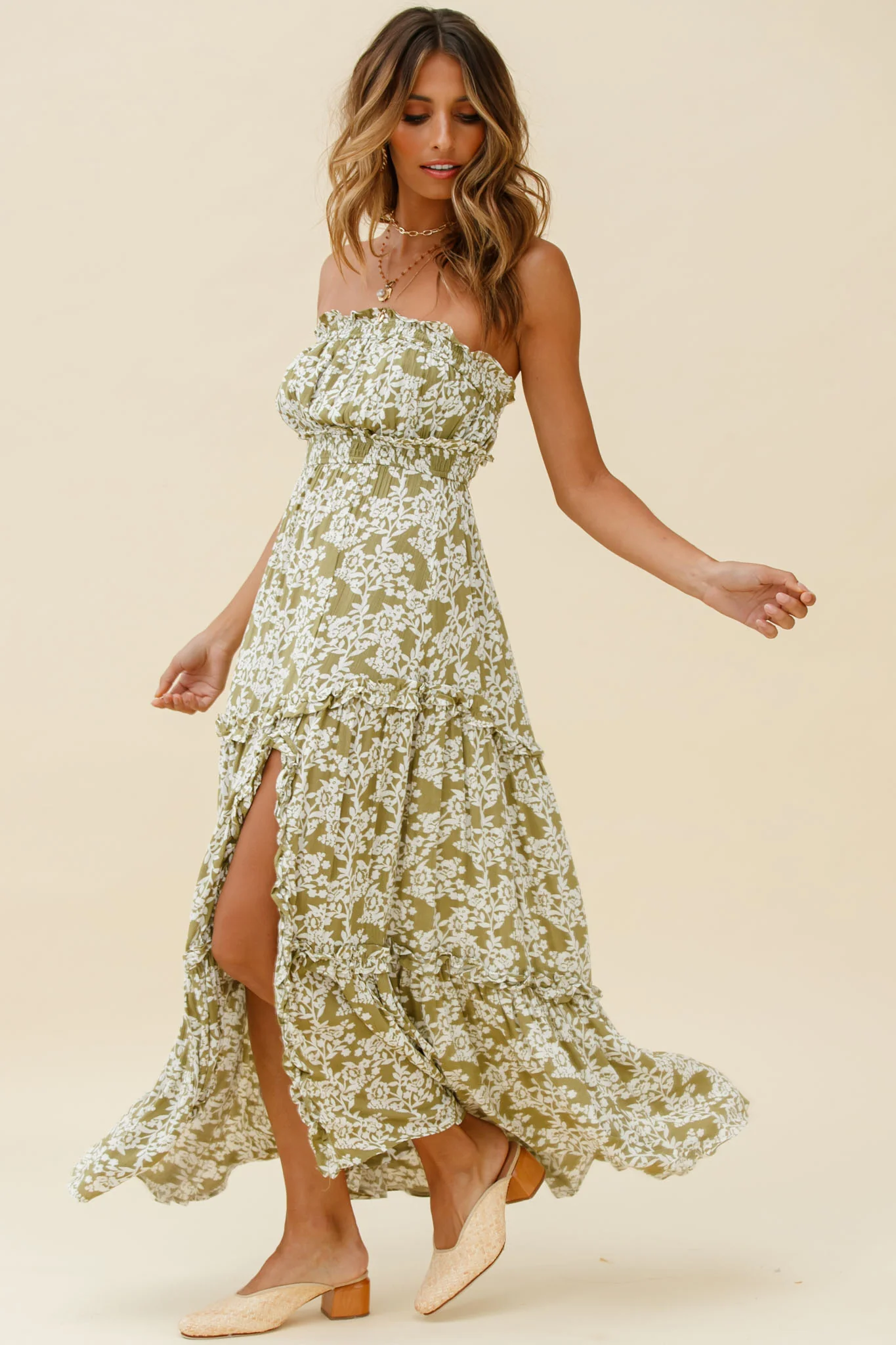 Take Me Away Strapless Maxi Dress Floral Print Green - Image 4