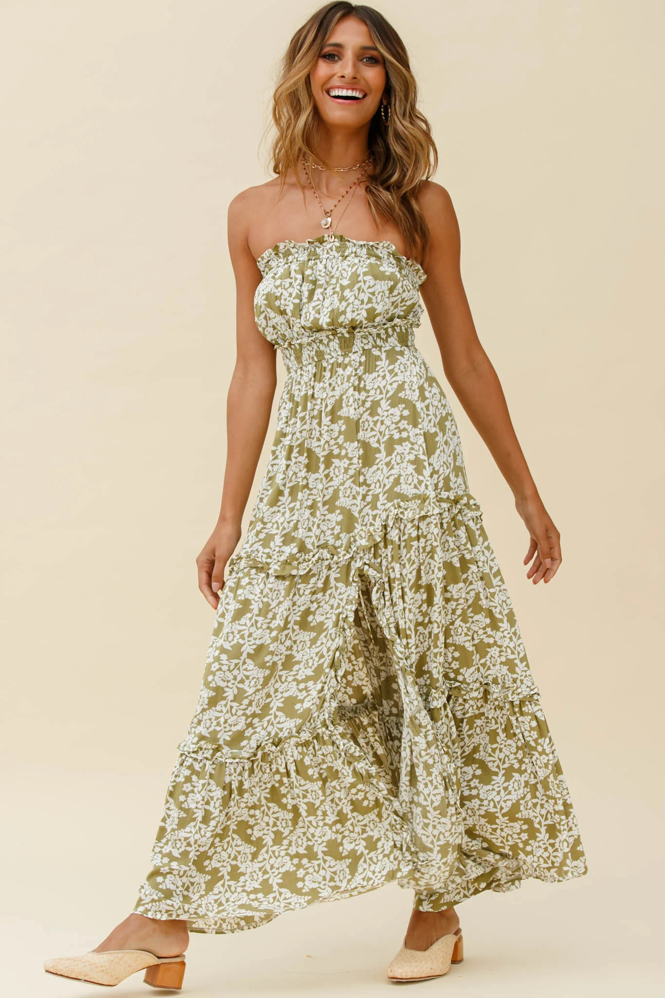 Take Me Away Strapless Maxi Dress Floral Print Green - Image 5