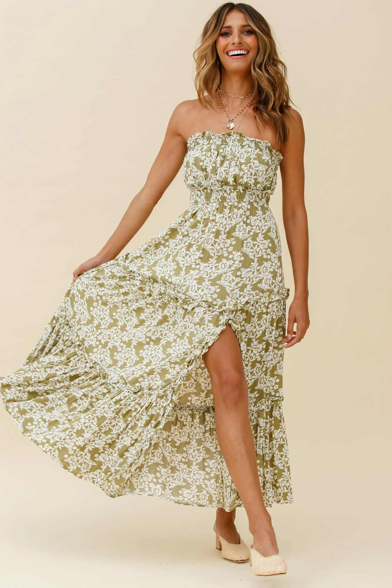 Take Me Away Strapless Maxi Dress Floral Print Green - Image 7