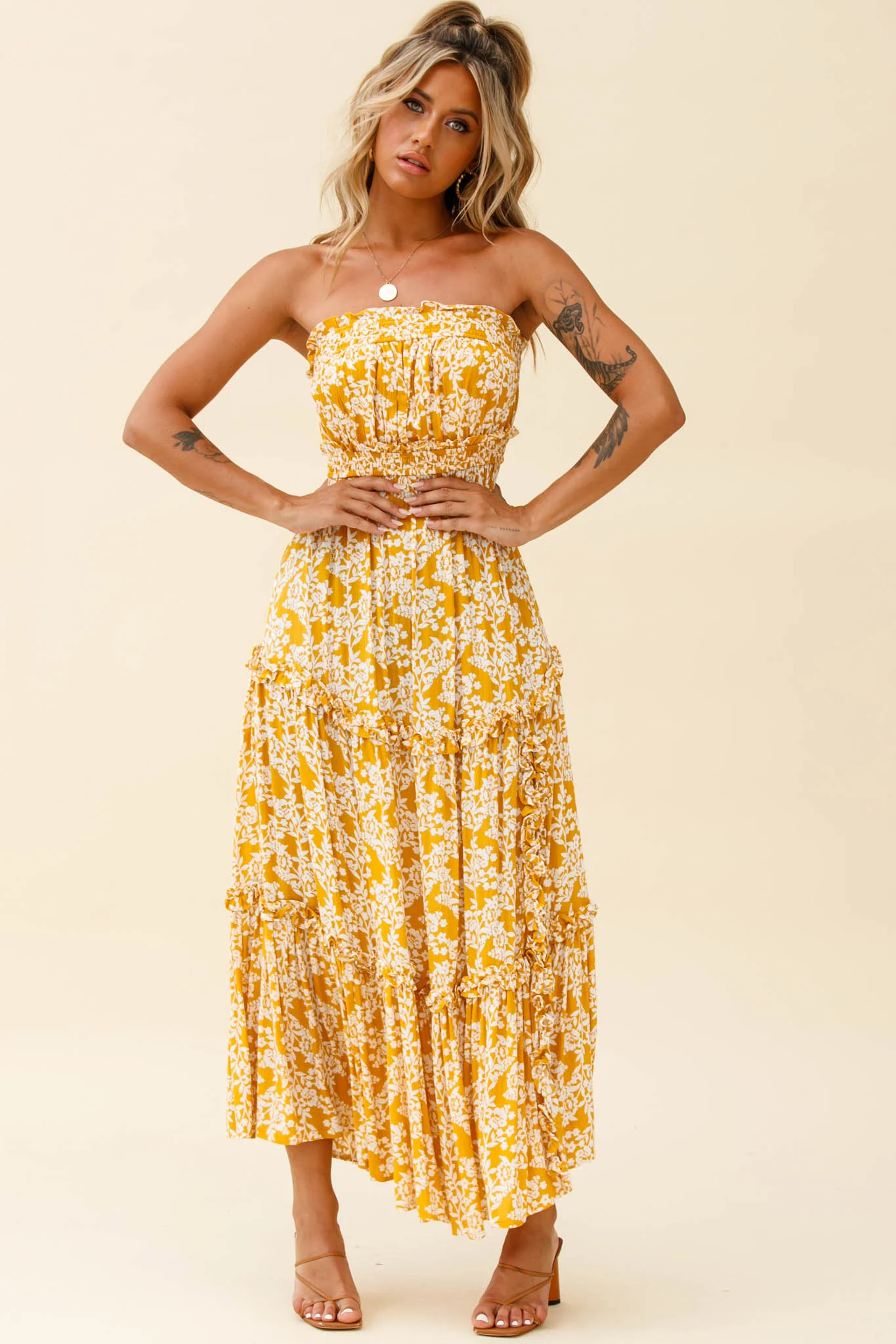 Take Me Away Strapless Maxi Dress Floral Print Mustard - Image 7