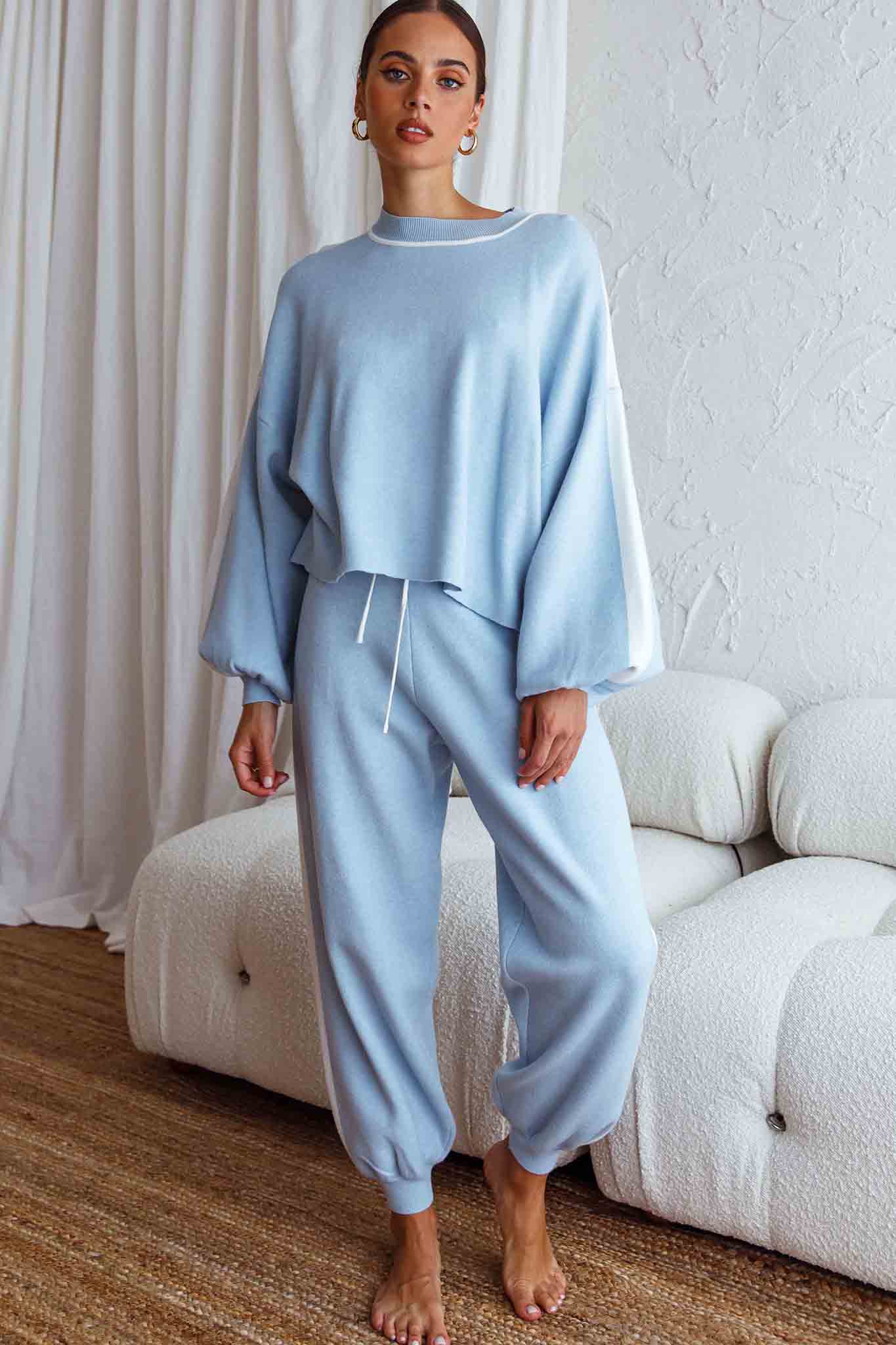 Take Me Back Balloon Sleeve Drop Shoulder Brushed Knit Sweater Blue - Image 3