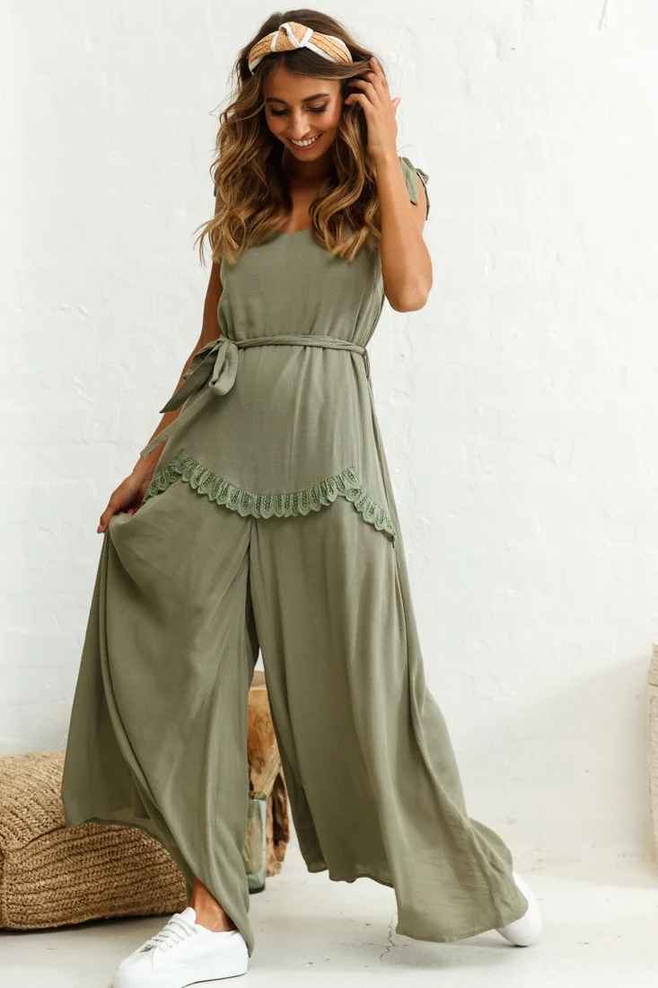 Talitha Tie Strap Wide Leg Jumpsuit Khaki - Image 2