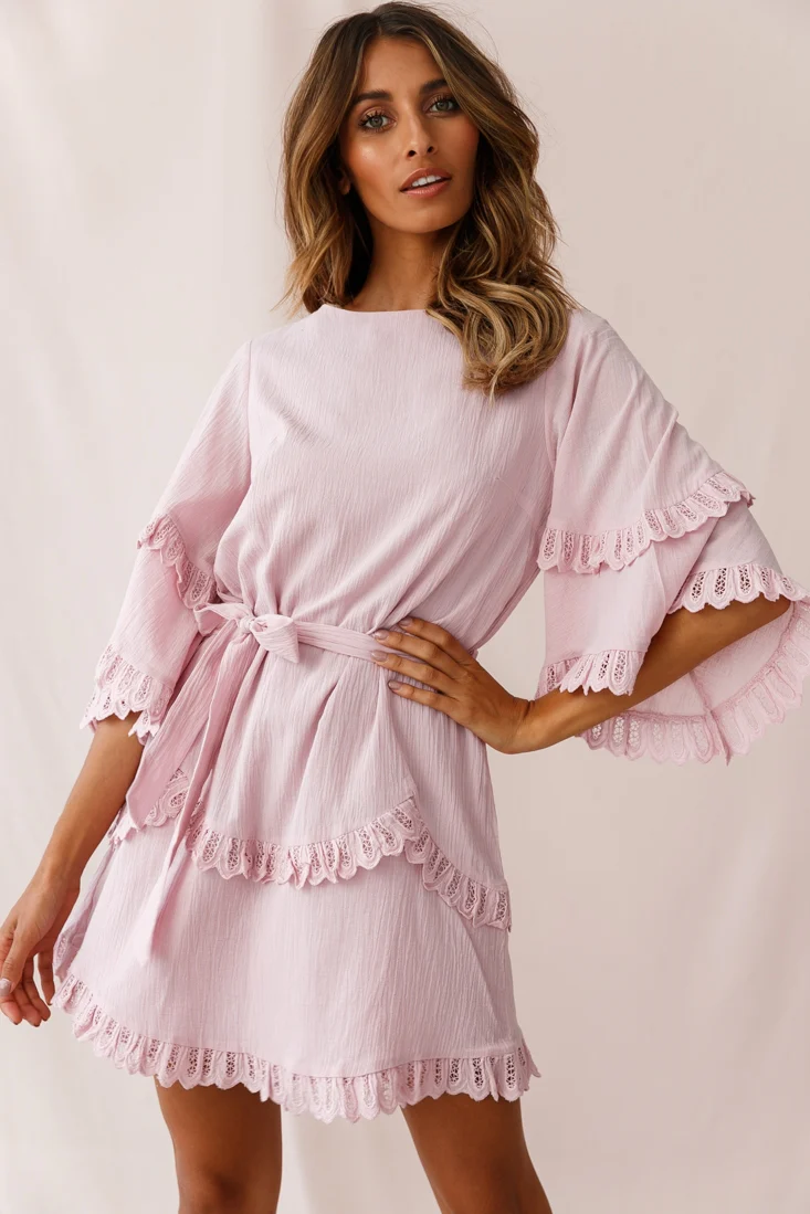 Talitha Waist Tie Lace Trim Dress Blush - Image 5