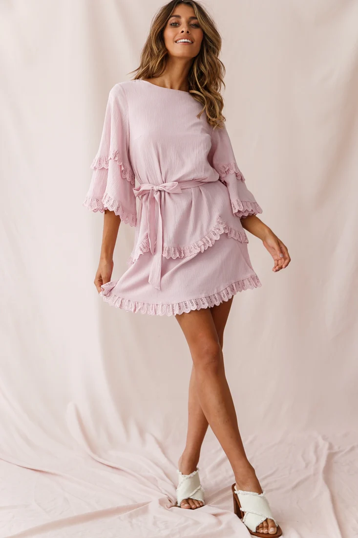 Talitha Waist Tie Lace Trim Dress Blush - Image 6