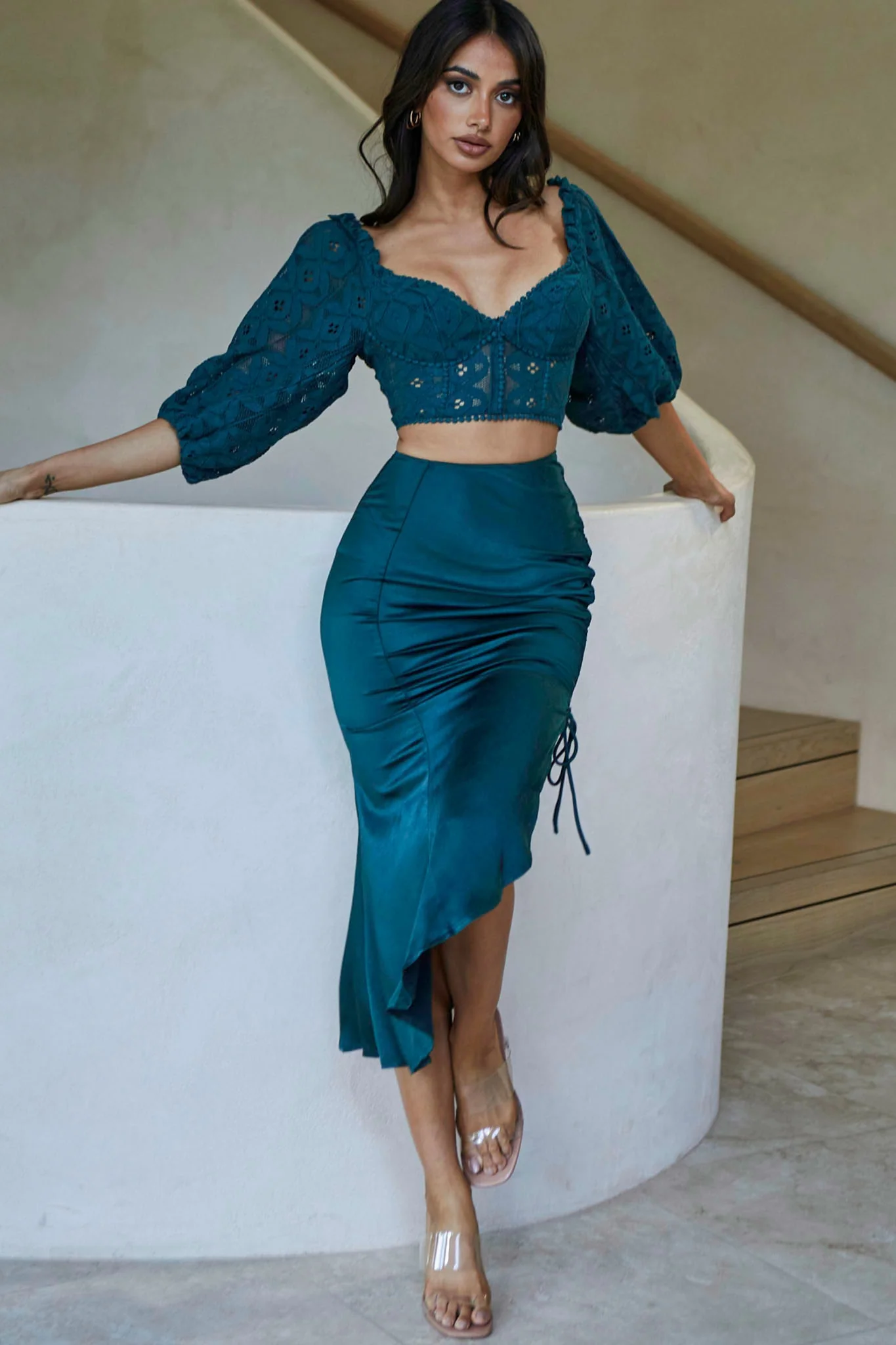 Talk About Me Puff Half Sleeve Circle Trim Crop Top Forest Green - Image 5