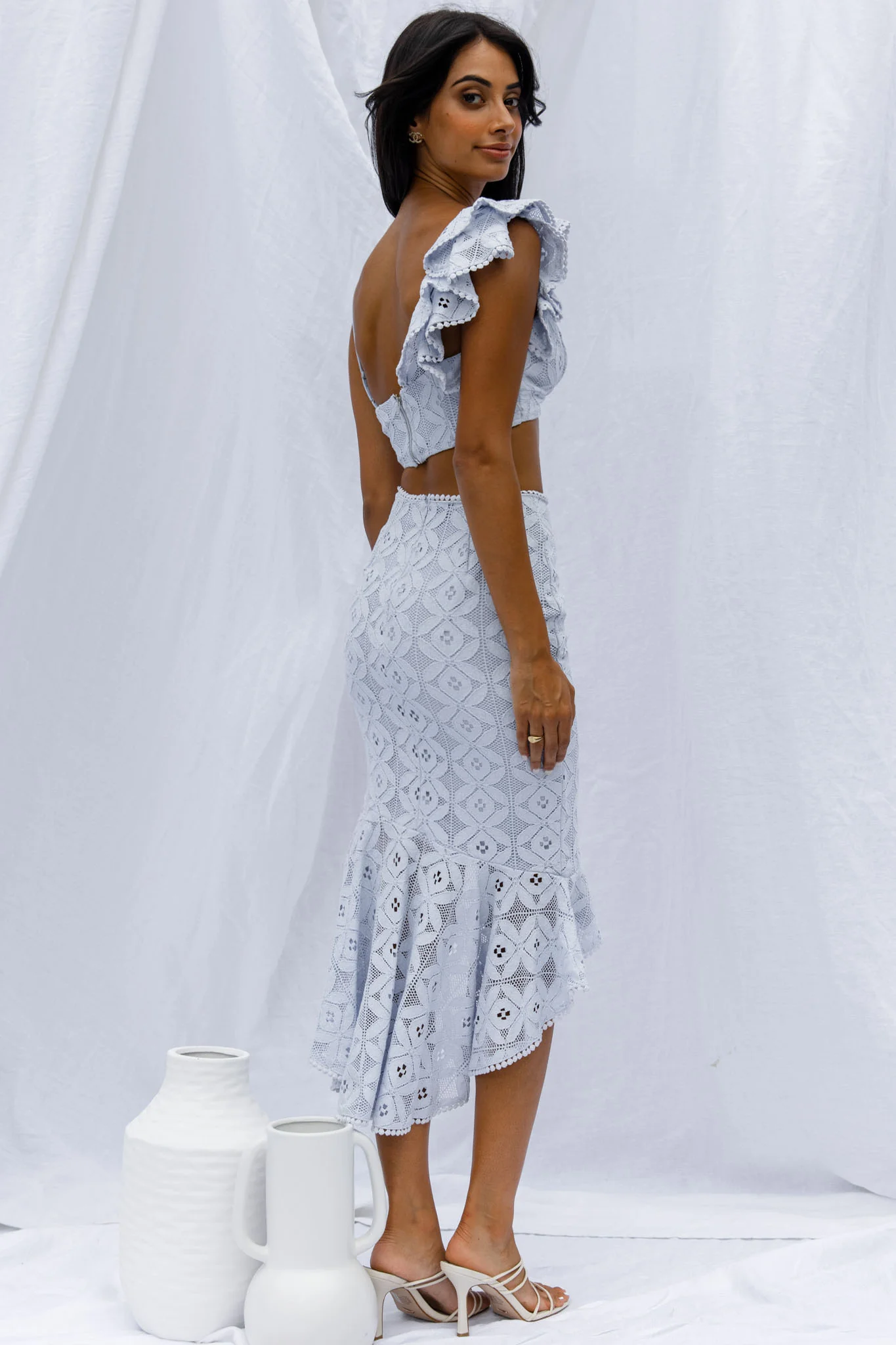 Talk About Me Ruffle Shoulder Twist Bust Crop Top Steel Blue - Image 2