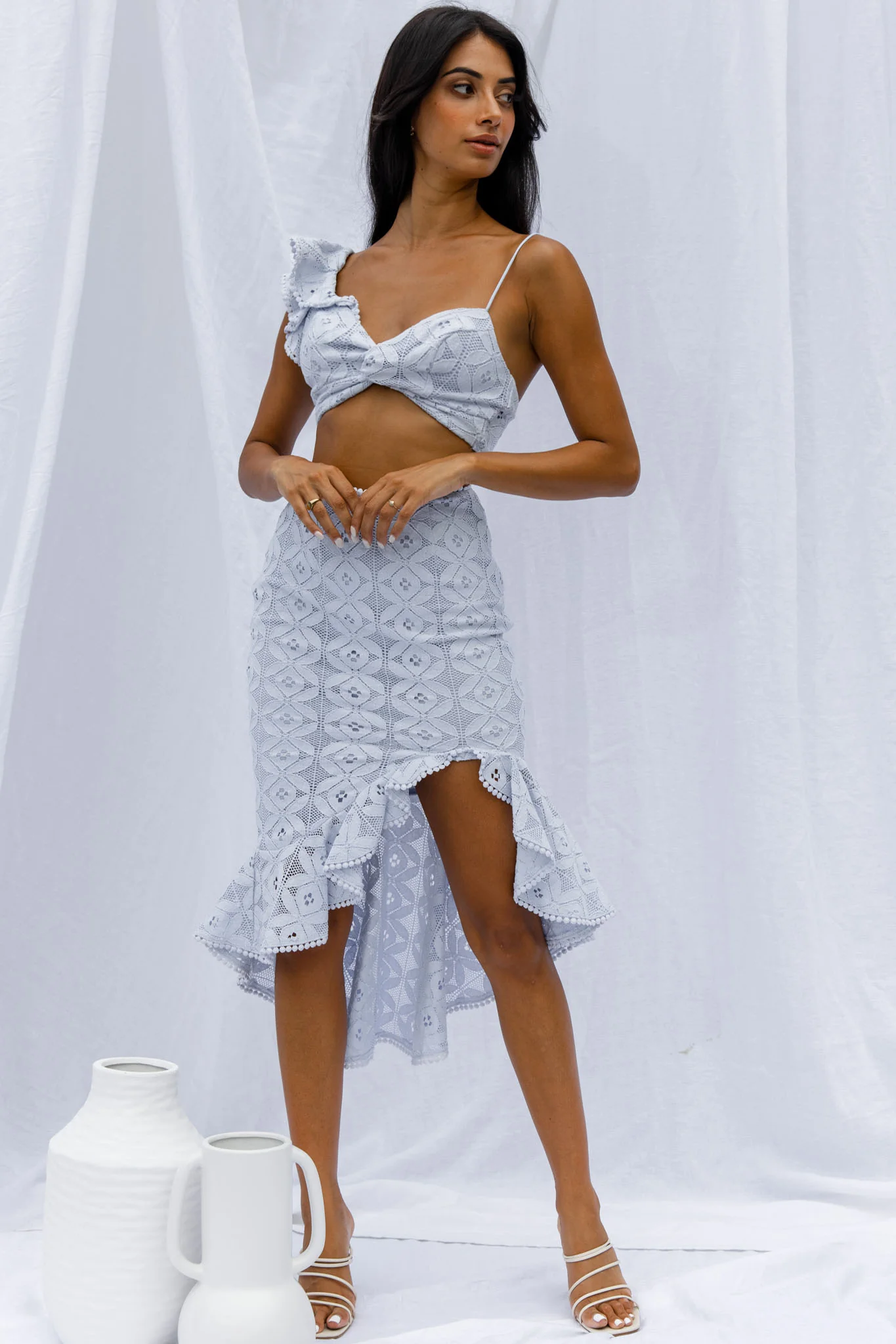 Talk About Me Ruffle Shoulder Twist Bust Crop Top Steel Blue - Image 6