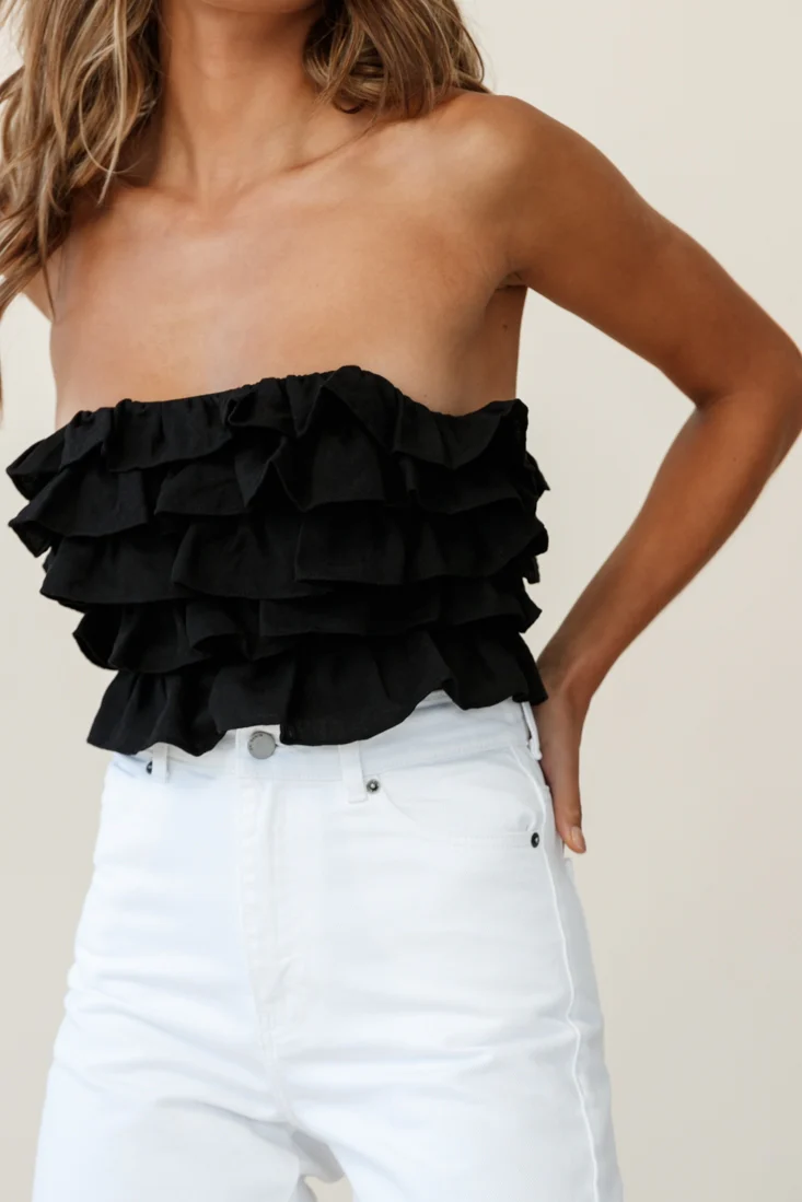 Talulah Layered Ruffle Lace-Up Back Crop Top Black - Image 6