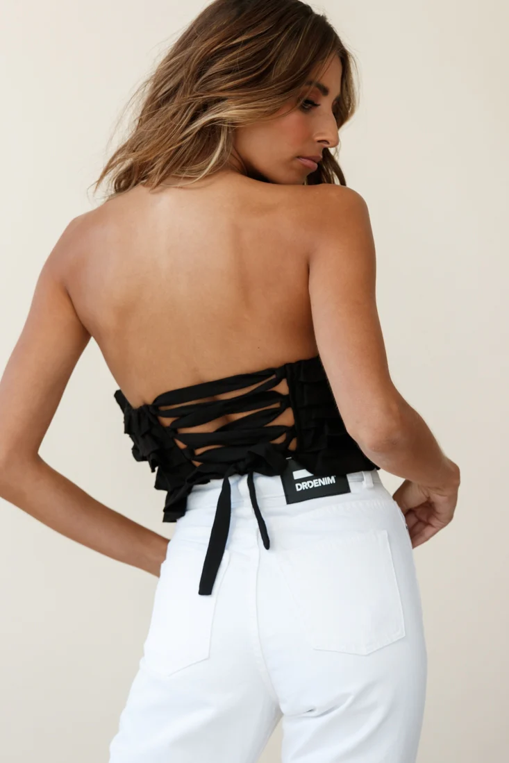 Talulah Layered Ruffle Lace-Up Back Crop Top Black - Image 7