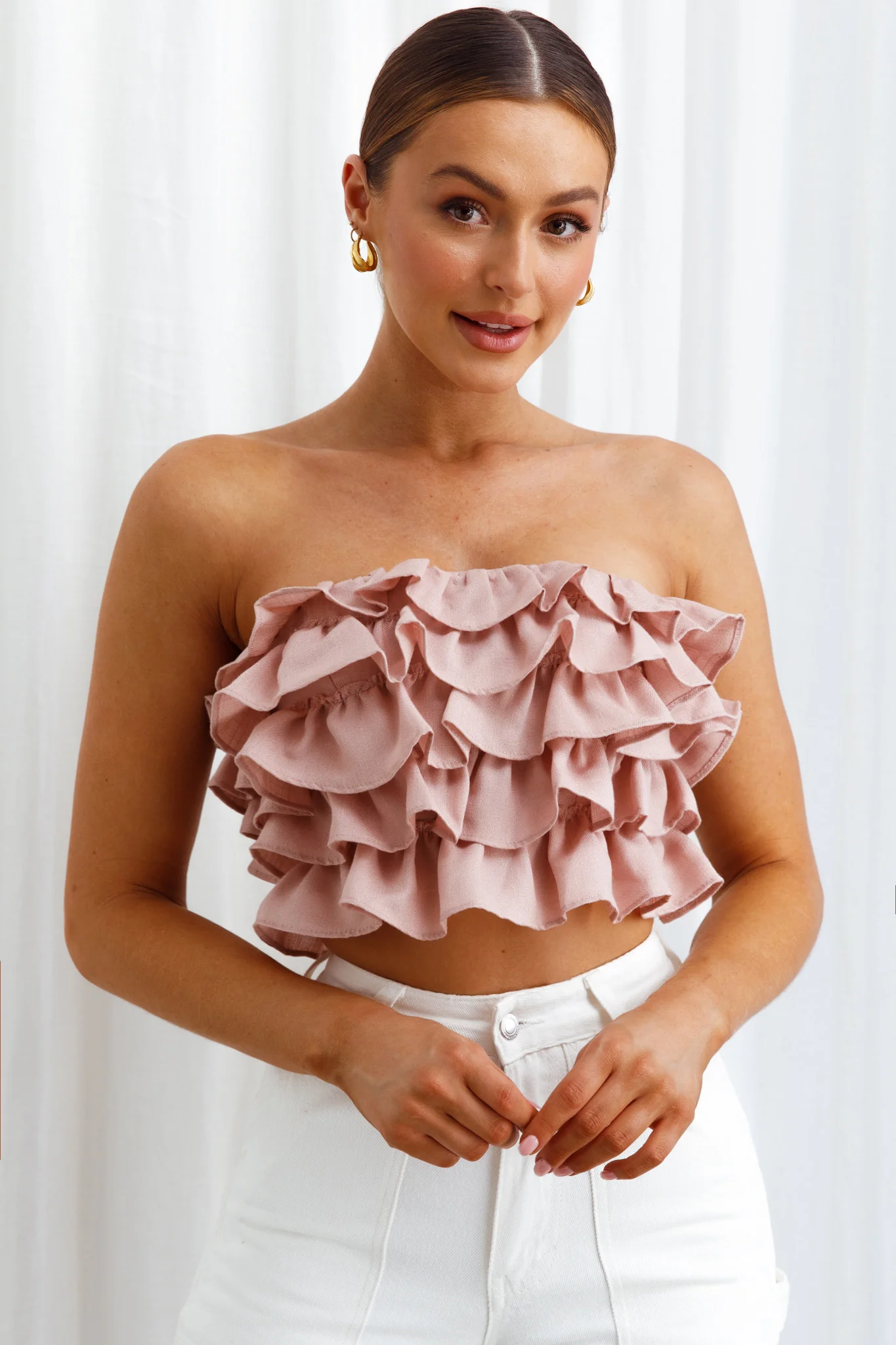 Talulah Layered Ruffle Lace-Up Back Crop Top Blush - Image 7