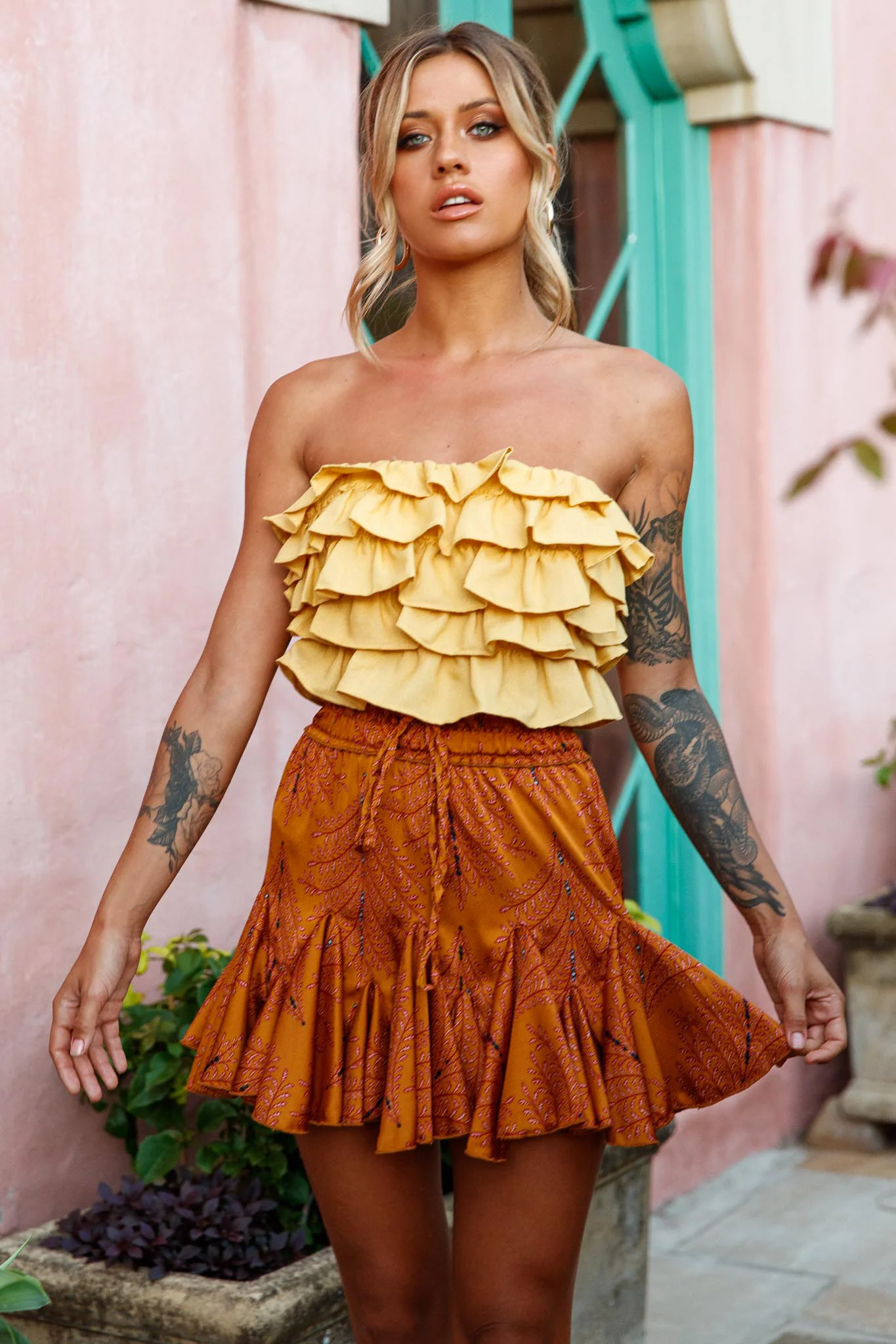 Talulah Layered Ruffle Lace-Up Back Crop Top Yellow - Image 3