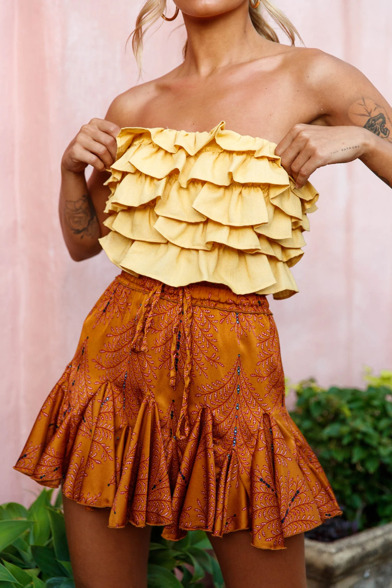 Talulah Layered Ruffle Lace-Up Back Crop Top Yellow - Image 6