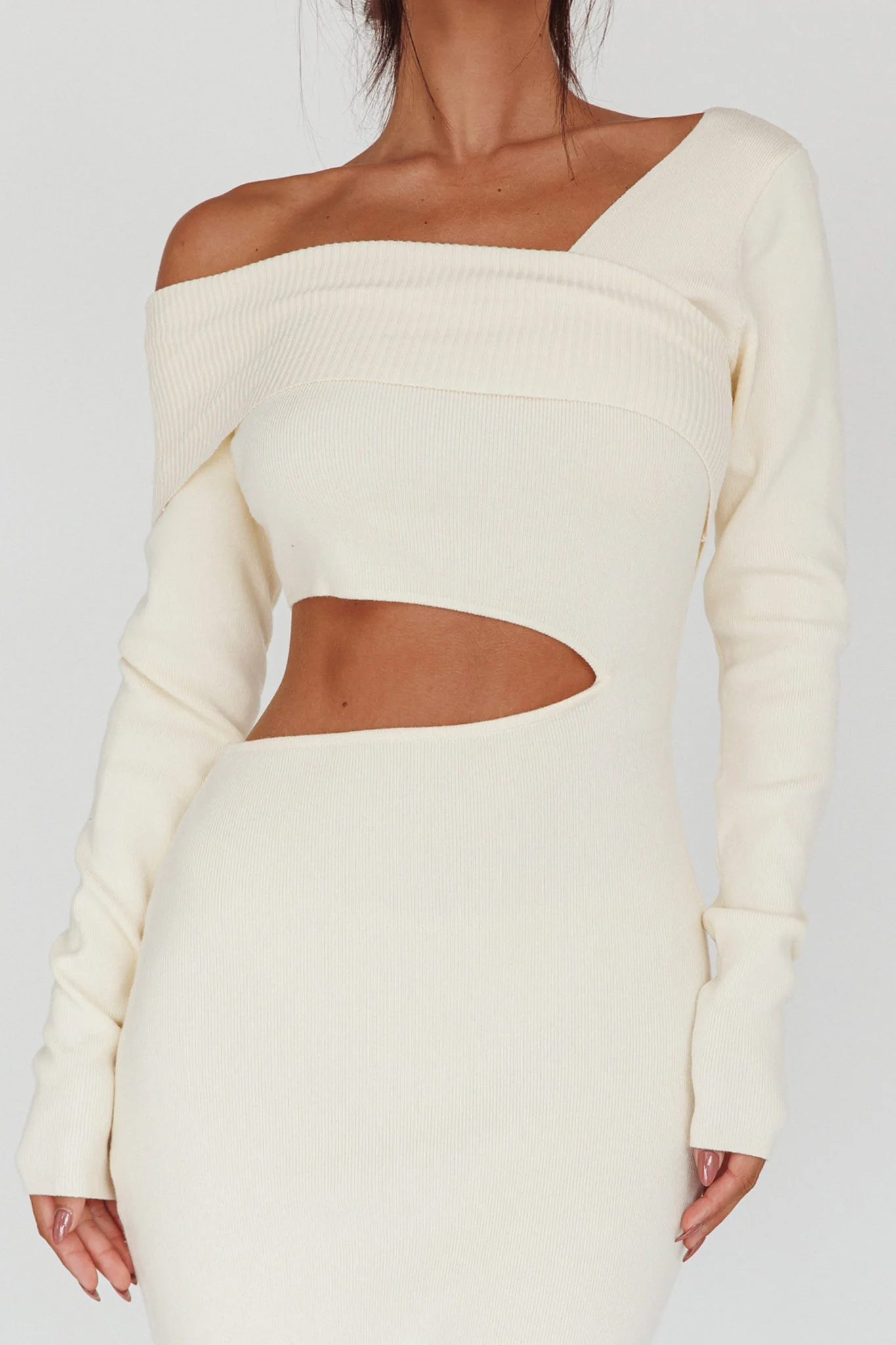 Tamar Long Sleeve One-Shoulder Midi Dress Cream - Image 4