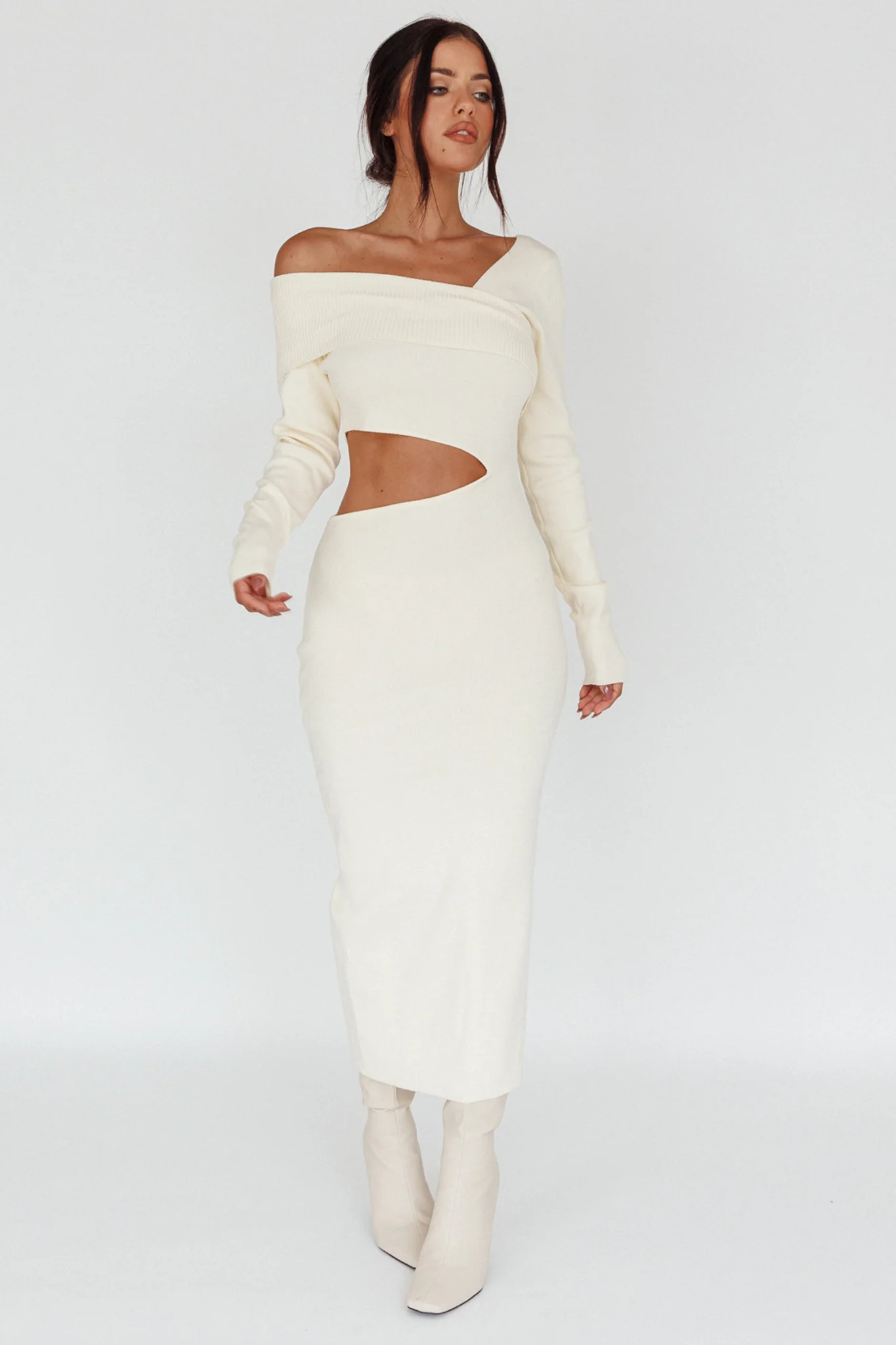 Tamar Long Sleeve One-Shoulder Midi Dress Cream - Image 5