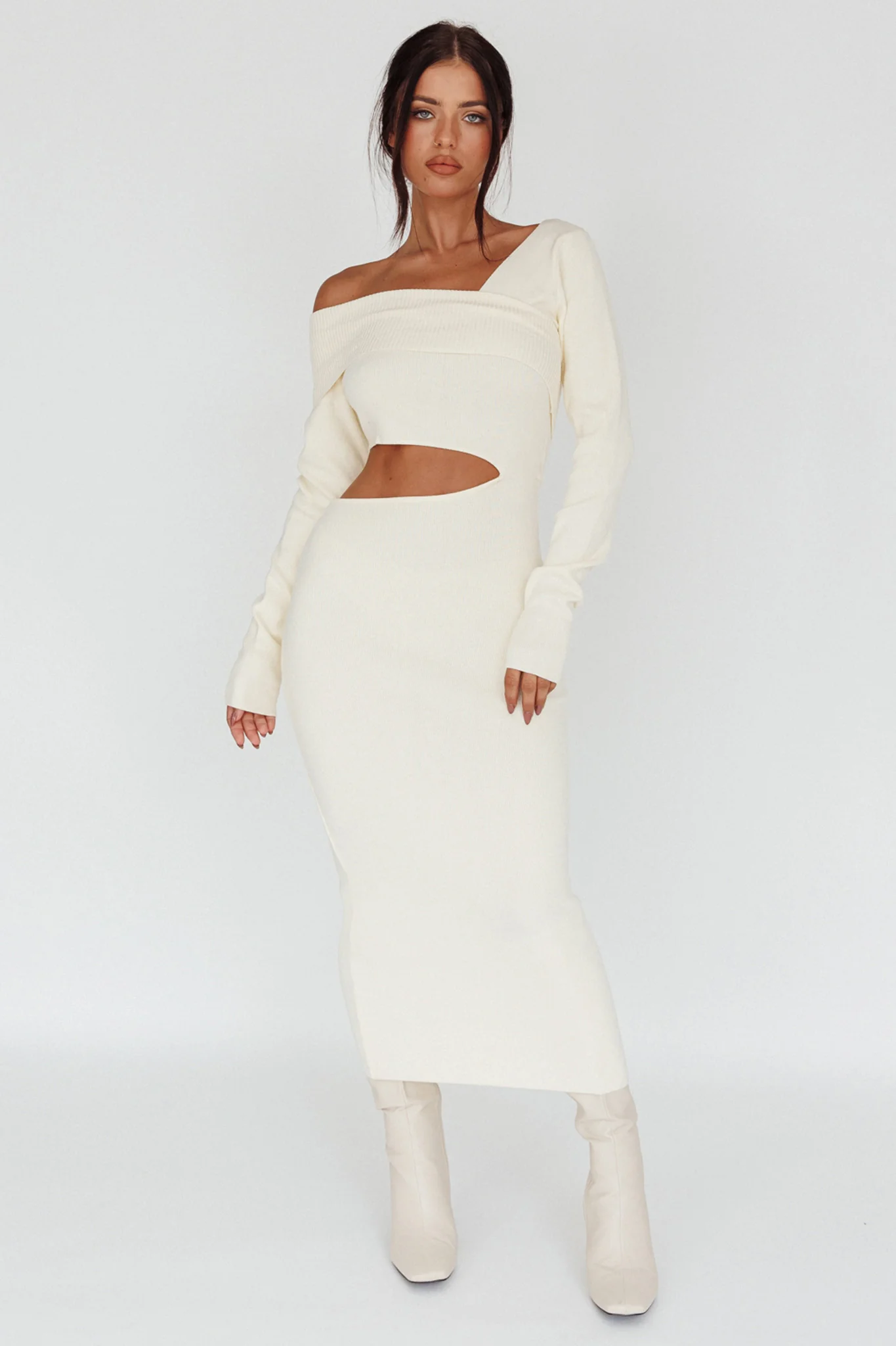 Tamar Long Sleeve One-Shoulder Midi Dress Cream - Image 6