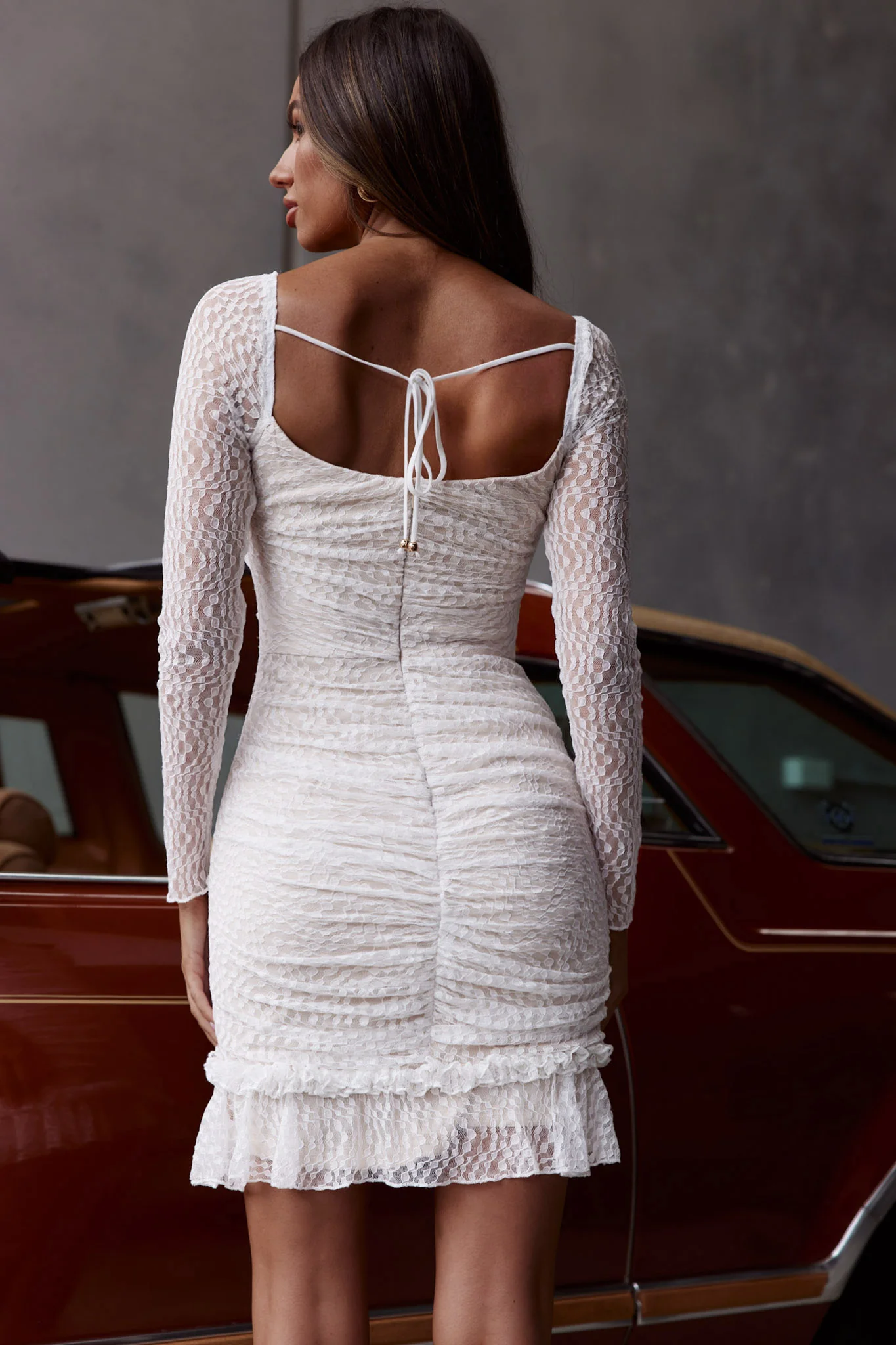 Tamara V-Neckline Ruched Long Sleeve Lace Mesh Dress White - Image 9