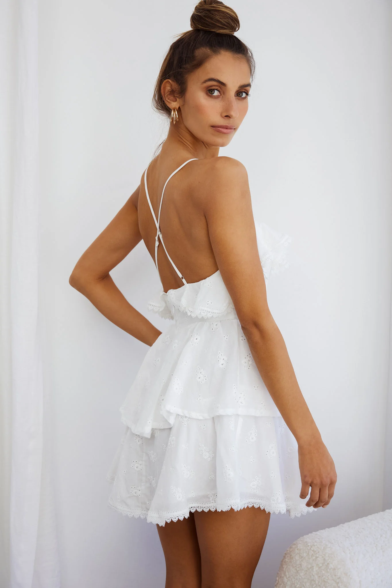 Tameka Ruffle Trim Layered Hem Eyelet Dress White - Image 6