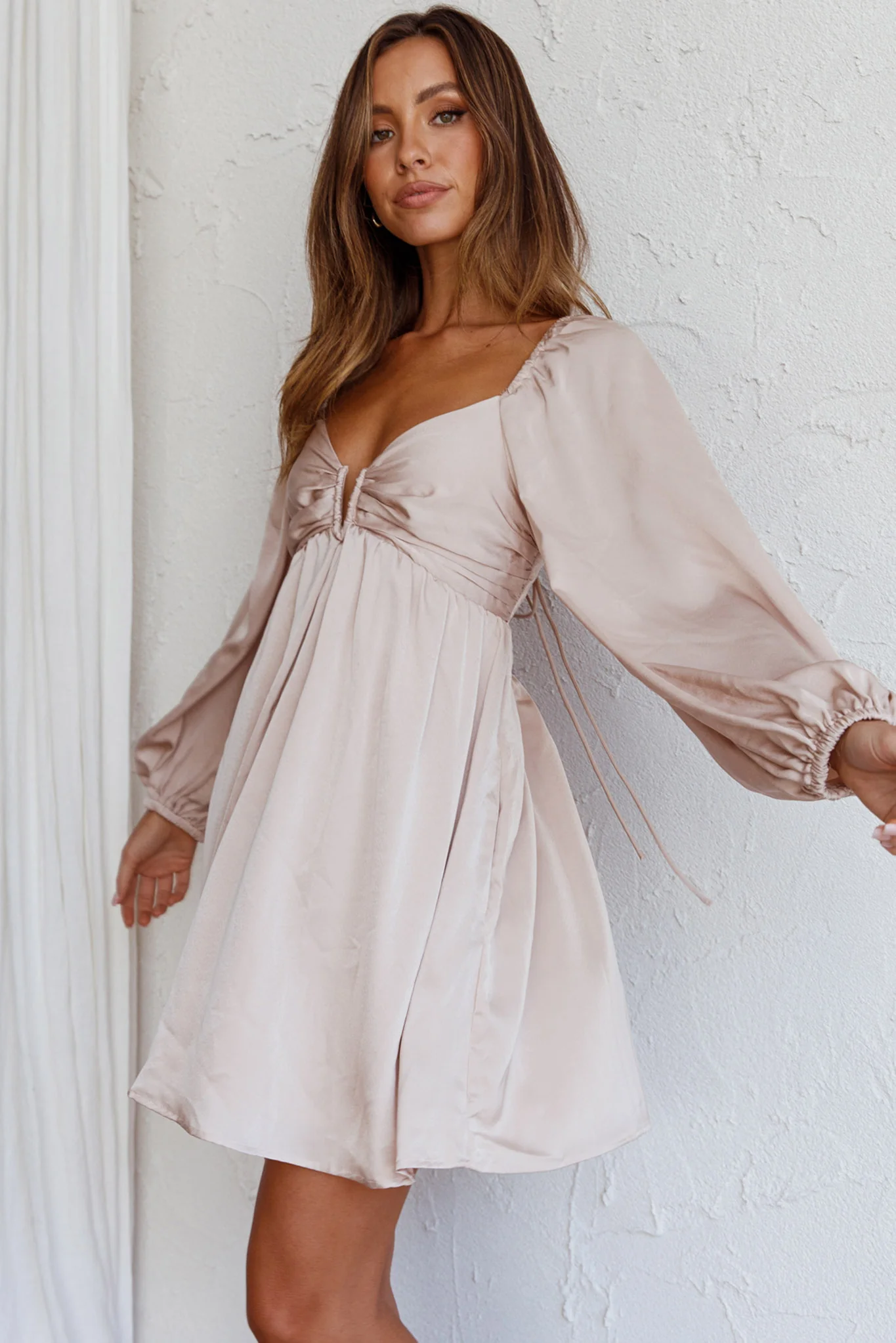 Tansy Long Sleeve Babydoll Dress Beige - Image 5