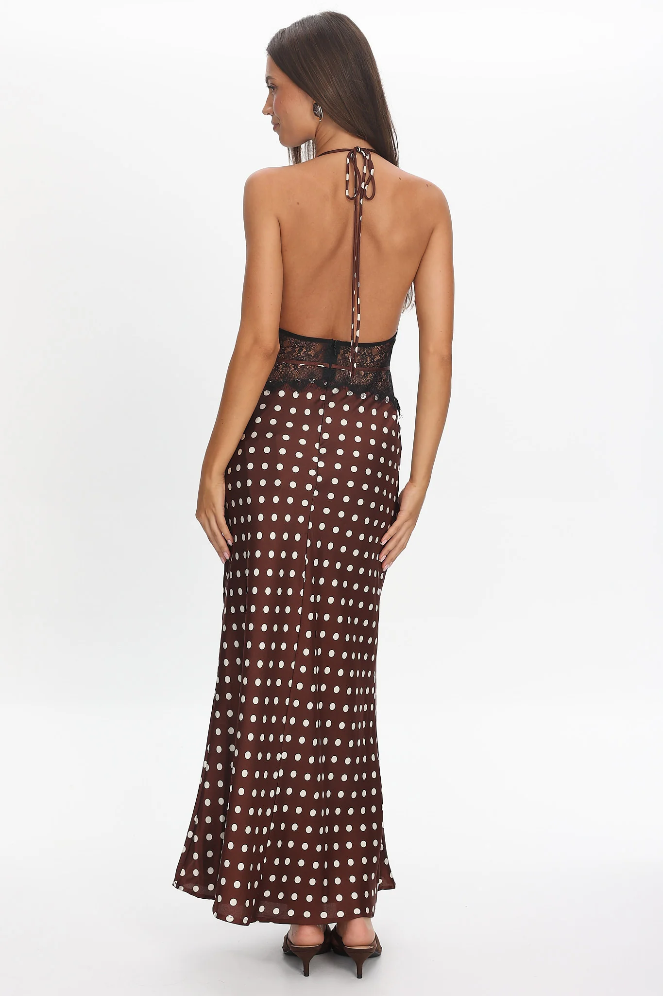 Tarly Lace Waist Halter Maxi Dress Polka Dot Chocolate - Image 2