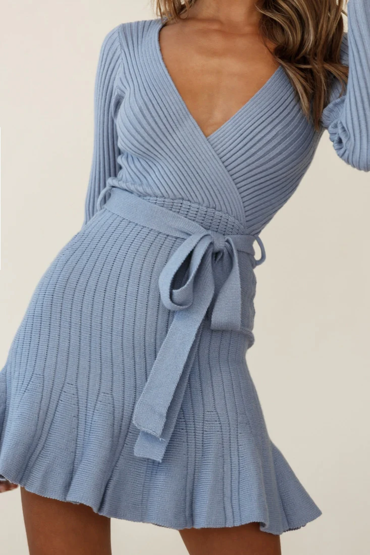 Tarry Long Sleeve Fluted Hem Knit Dress Midnight Blue - Image 4