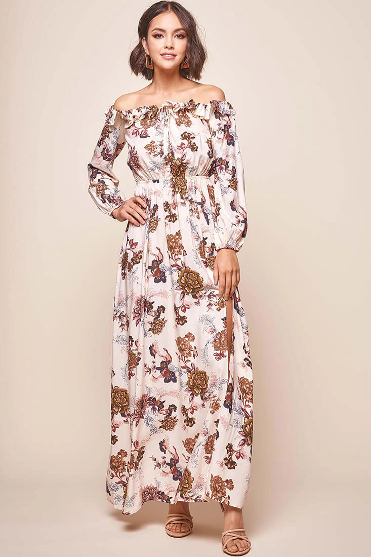 Tatiana Bardot Frill Neckline Maxi Dress Mocha - Image 2