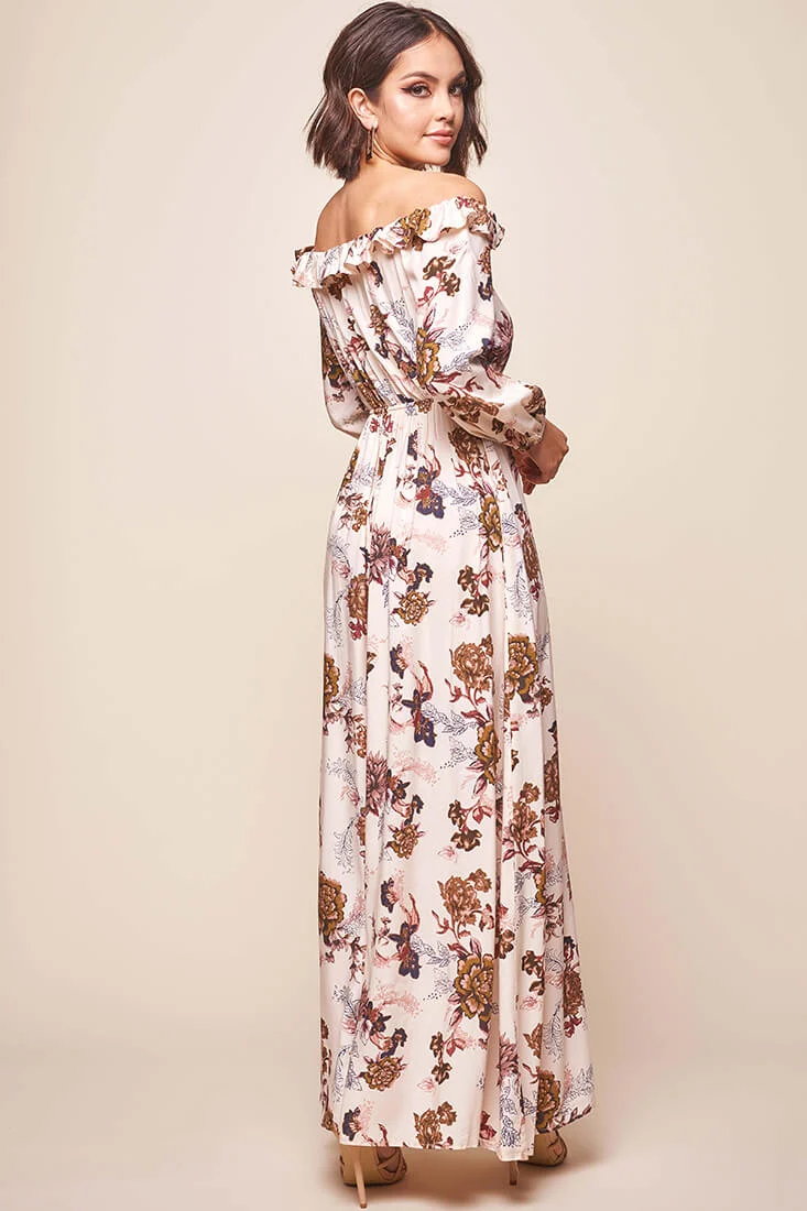 Tatiana Bardot Frill Neckline Maxi Dress Mocha - Image 3