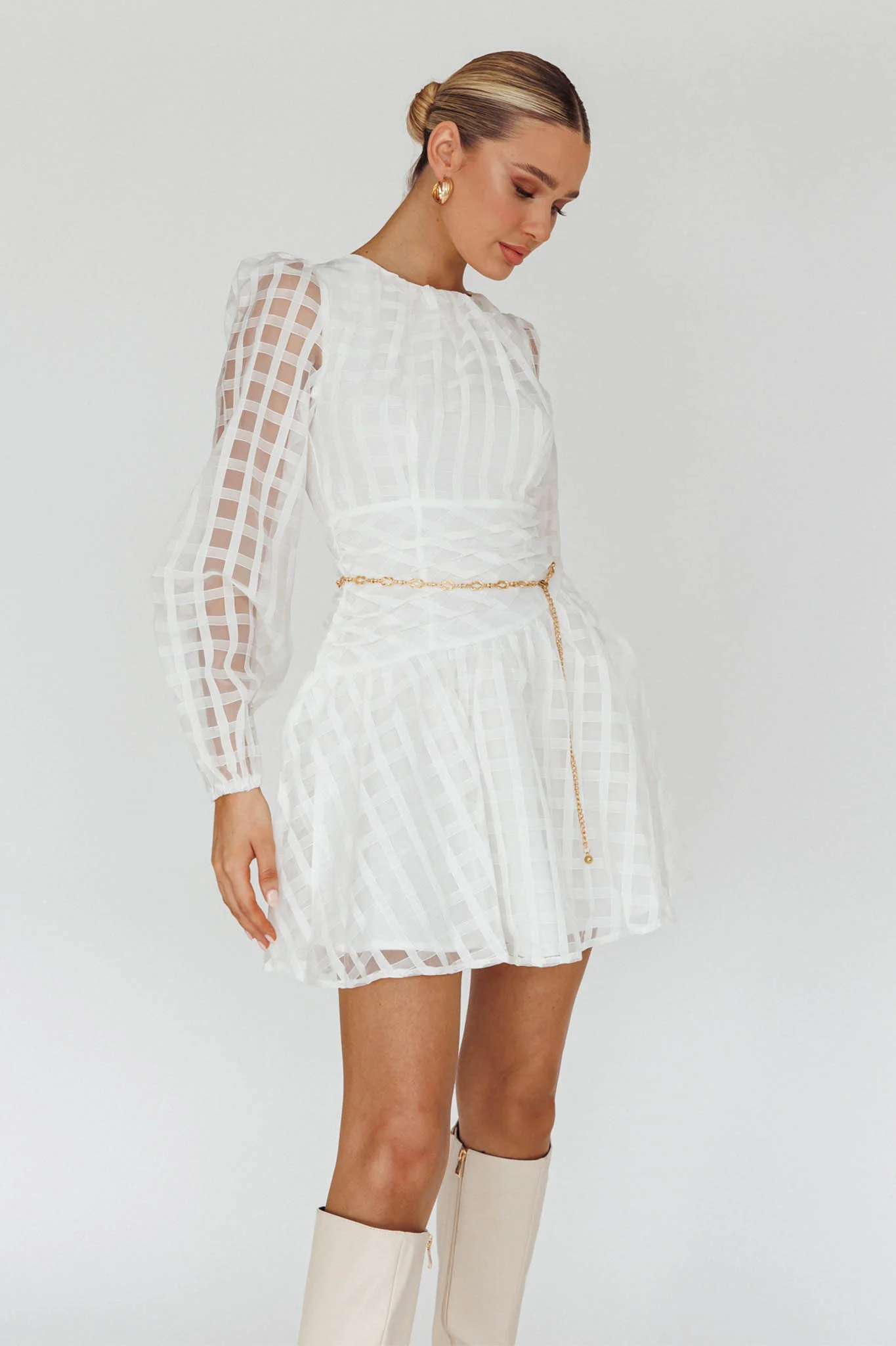 Tatiana Long Sleeve Plaid Mini Dress White - Image 6
