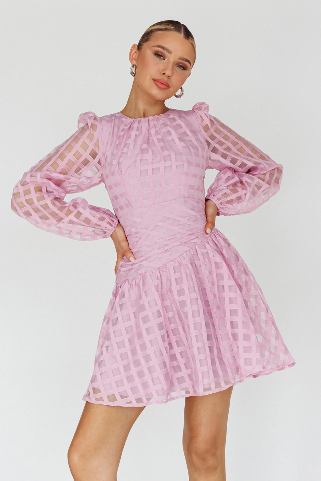 Tatiana Long Sleeve Plaid Mini Dress Lilac - Image 5