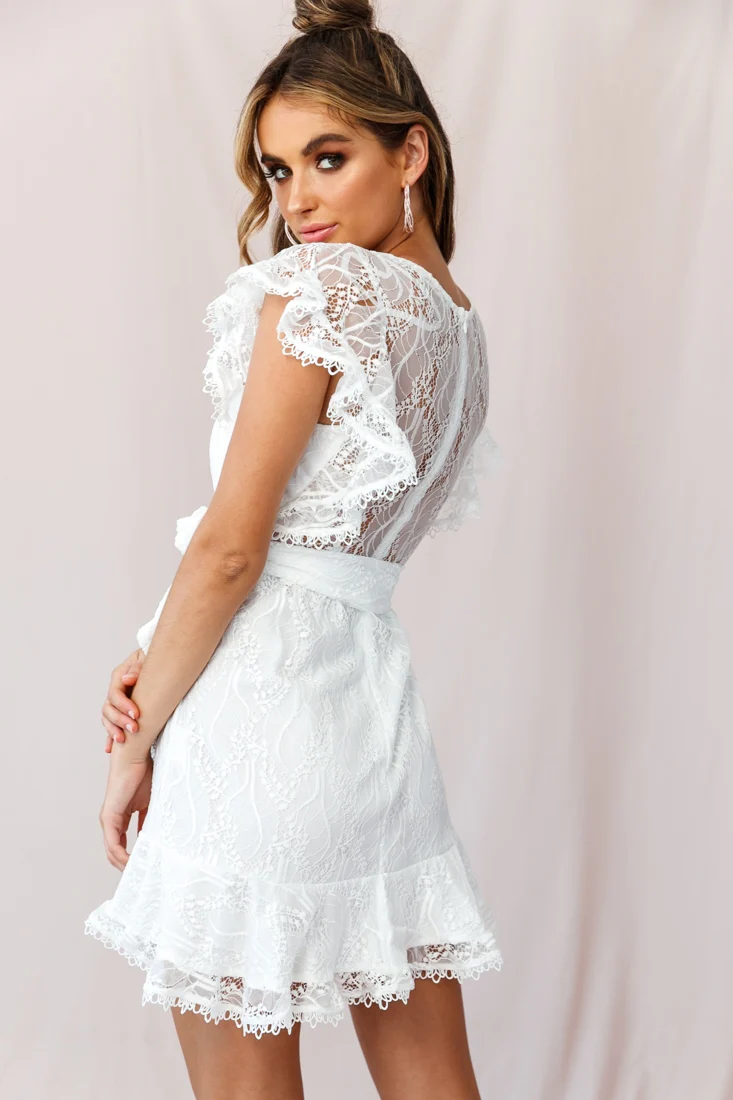 Taya Ruffle Shoulder Waist Tie Dress White Lace - Image 3