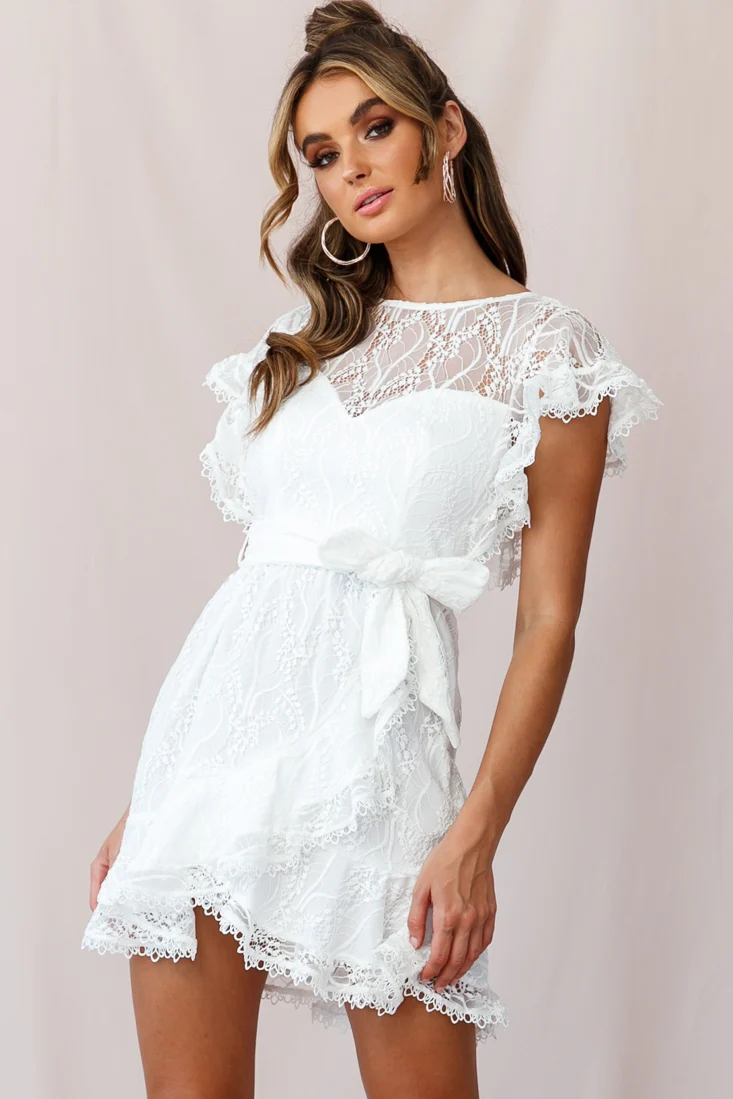 Taya Ruffle Shoulder Waist Tie Dress White Lace - Image 7