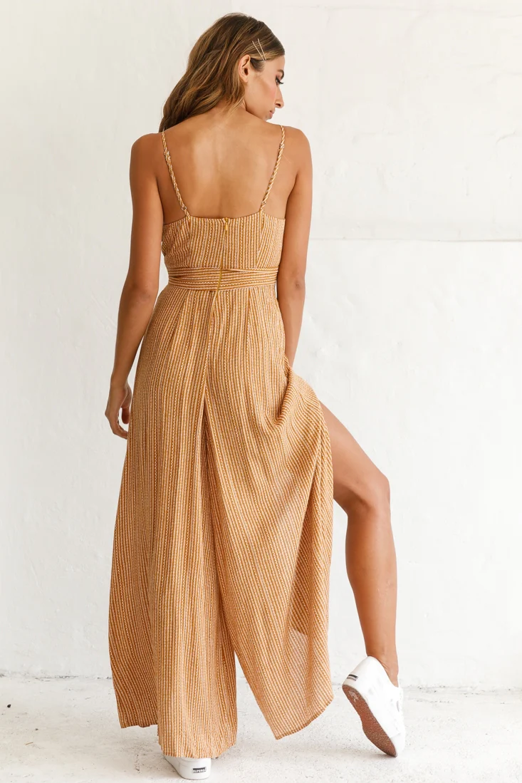 Taylor V-Neck Split Wide Leg Jumpsuit Stripe Print Mustard - Image 3