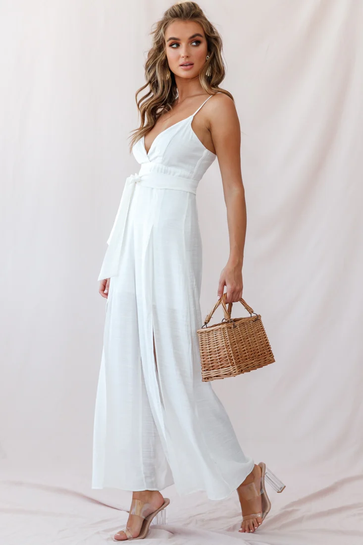 Taylor V-Neck Split Wide Leg Jumpsuit White - Image 3