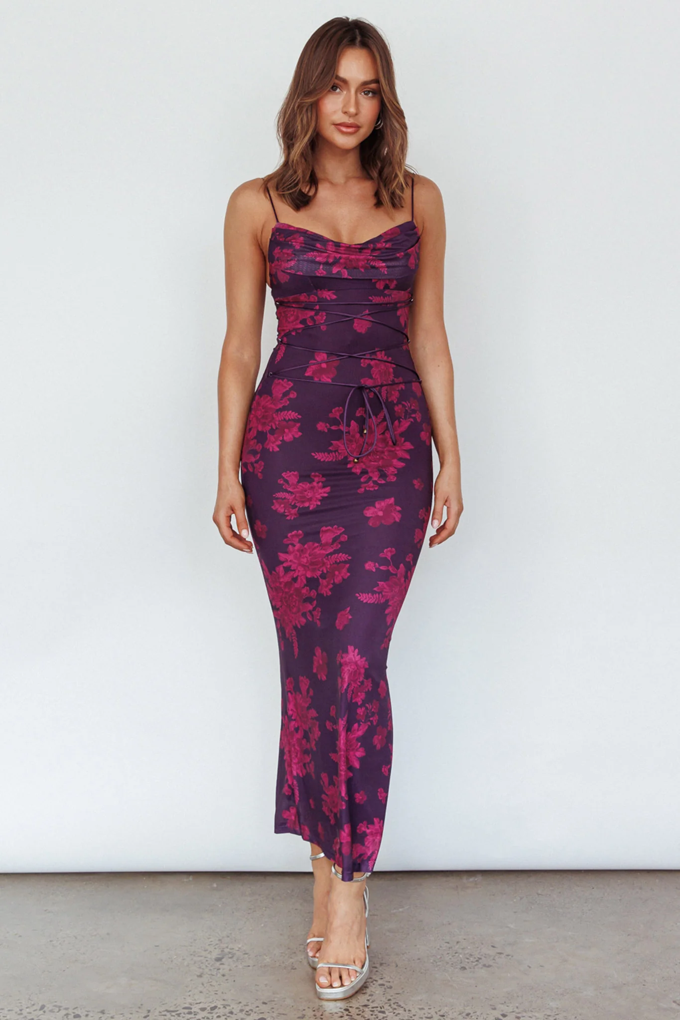 Teava Laced Waist Maxi Dress Floral Grape - Image 3