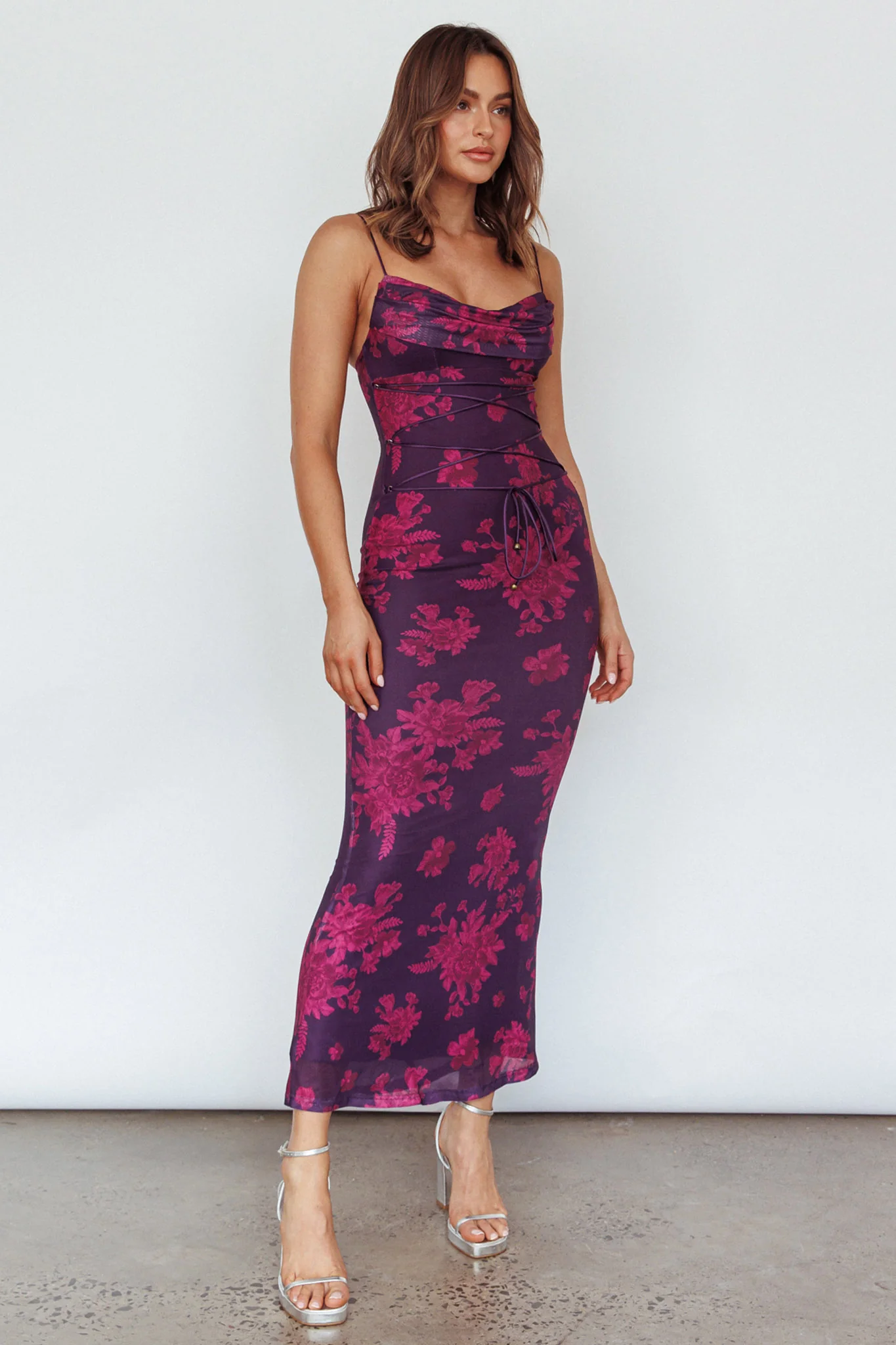 Teava Laced Waist Maxi Dress Floral Grape - Image 4