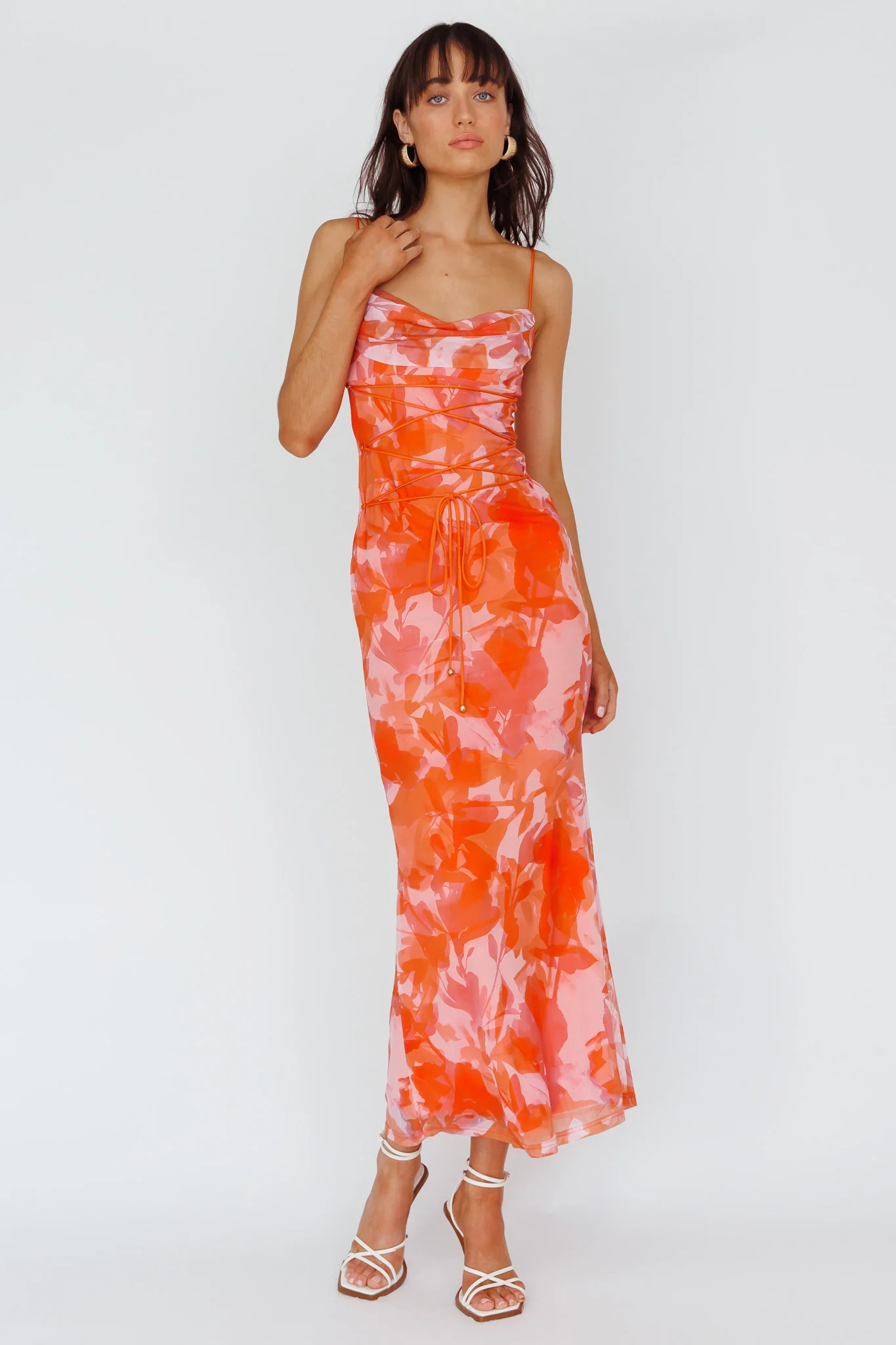 Teava Laced Waist Maxi Dress Print Floral Orange - Image 5