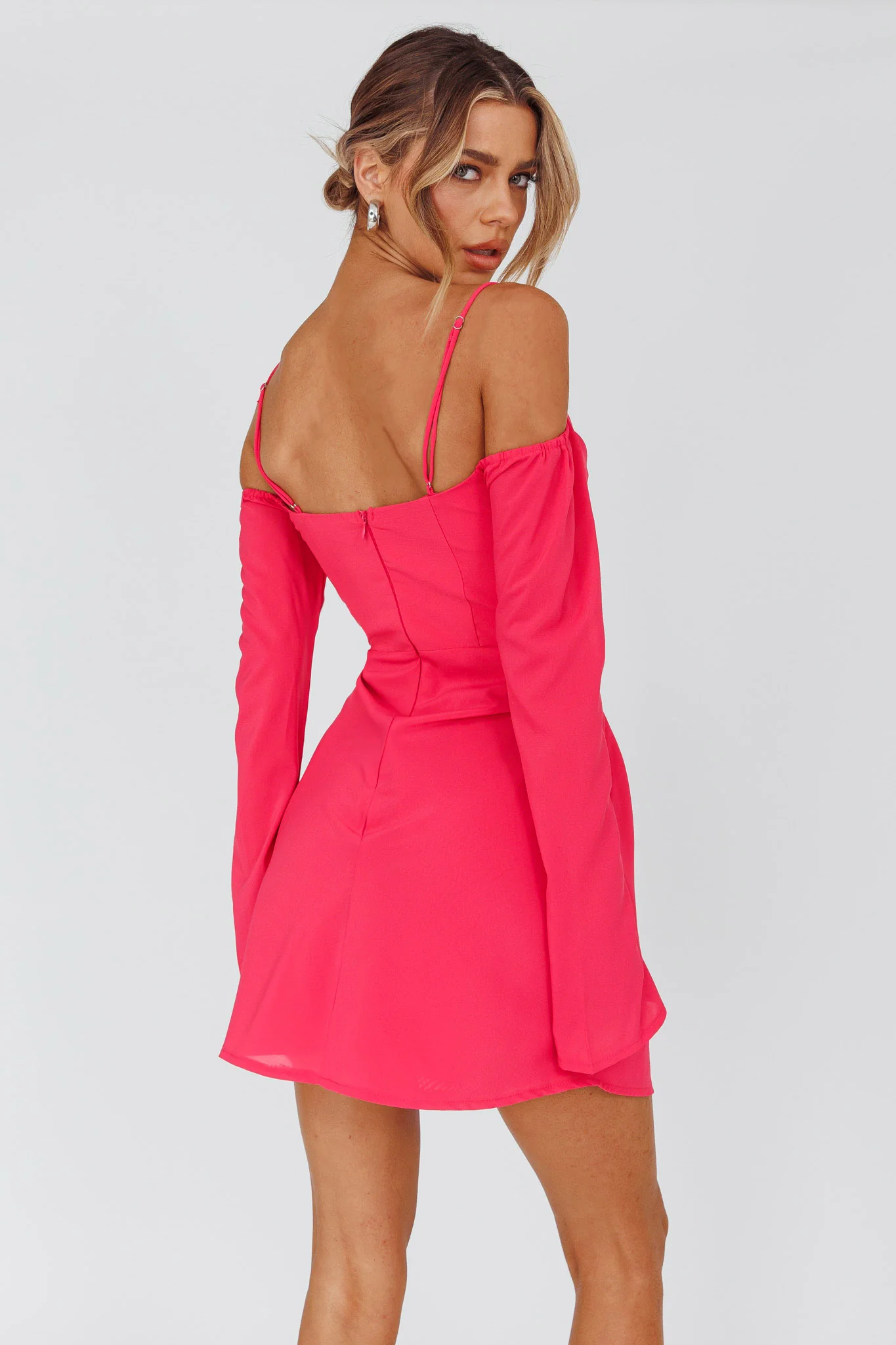 Teava Off-Shoulder Sleeve Laced Mini Dress Hot Pink - Image 2