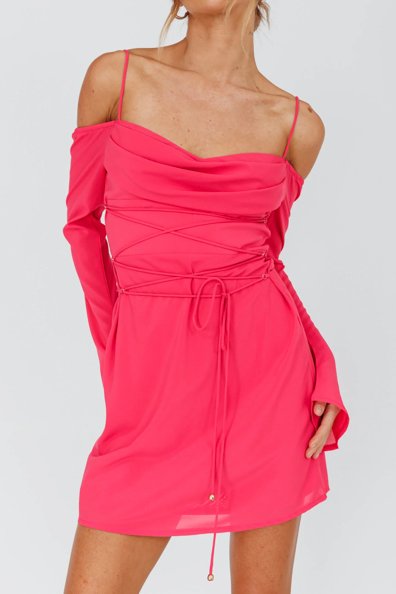 Teava Off-Shoulder Sleeve Laced Mini Dress Hot Pink - Image 4