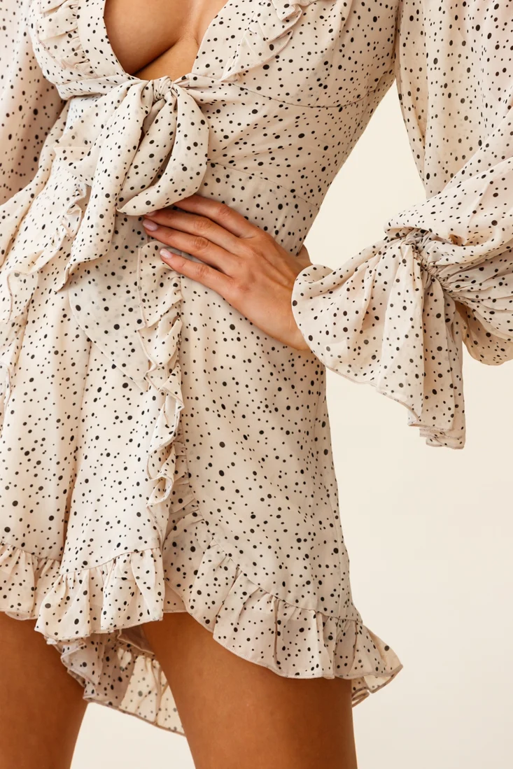 Tell Me More Balloon Sleeve Tie-Front Romper Spot Print Mocha - Image 7