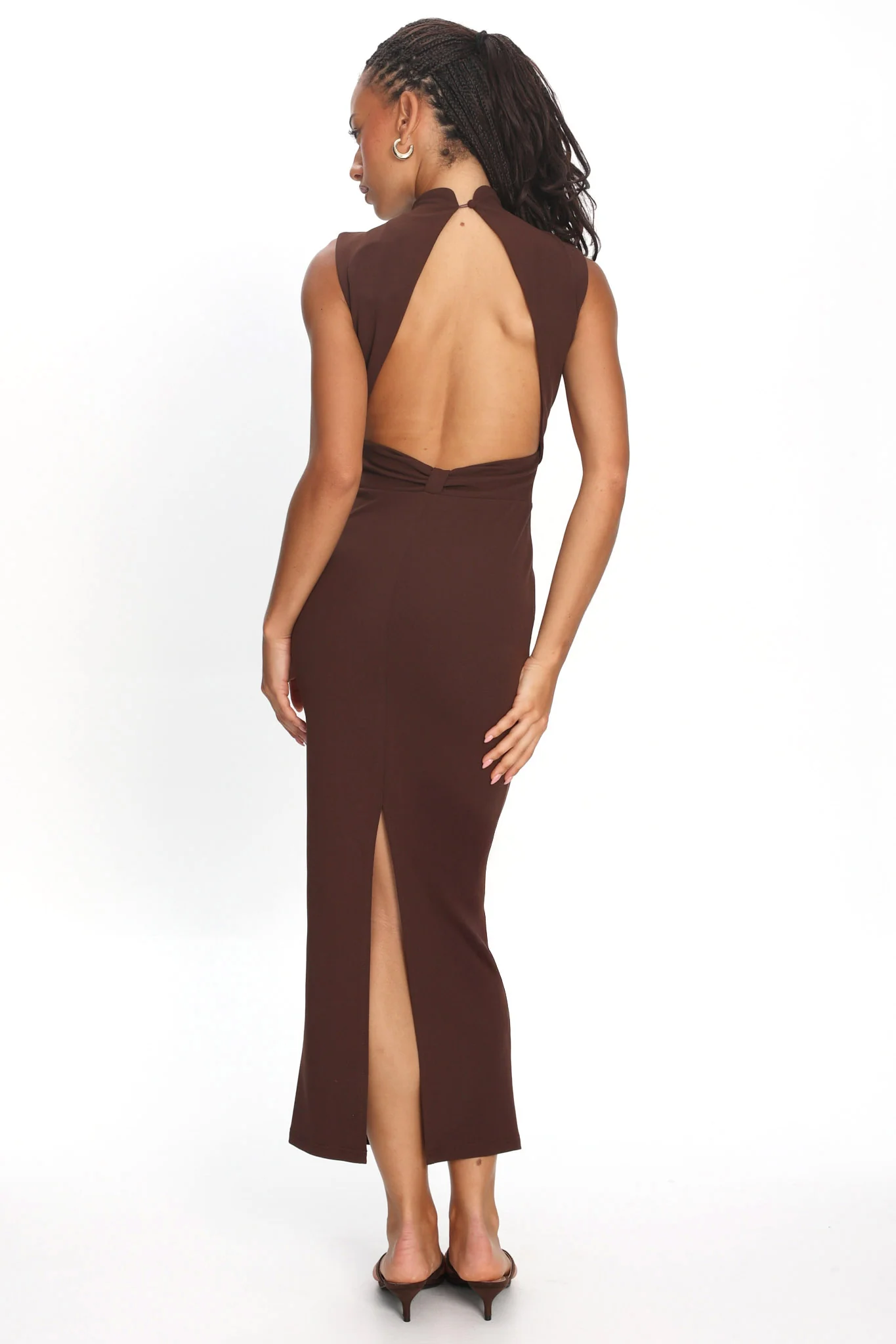 Tellora Backless Mock Neck Maxi Dress Chocolate - Image 3