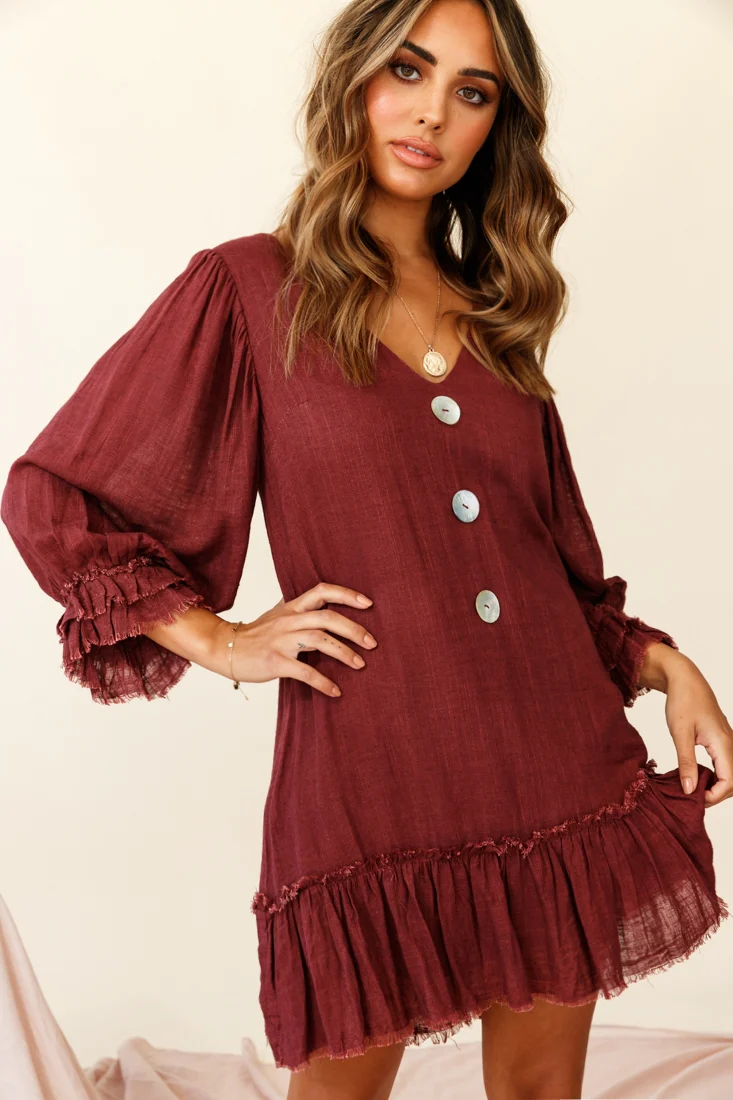 Amala Balloon Sleeve Button Detail Linen Dress Maroon - Image 3