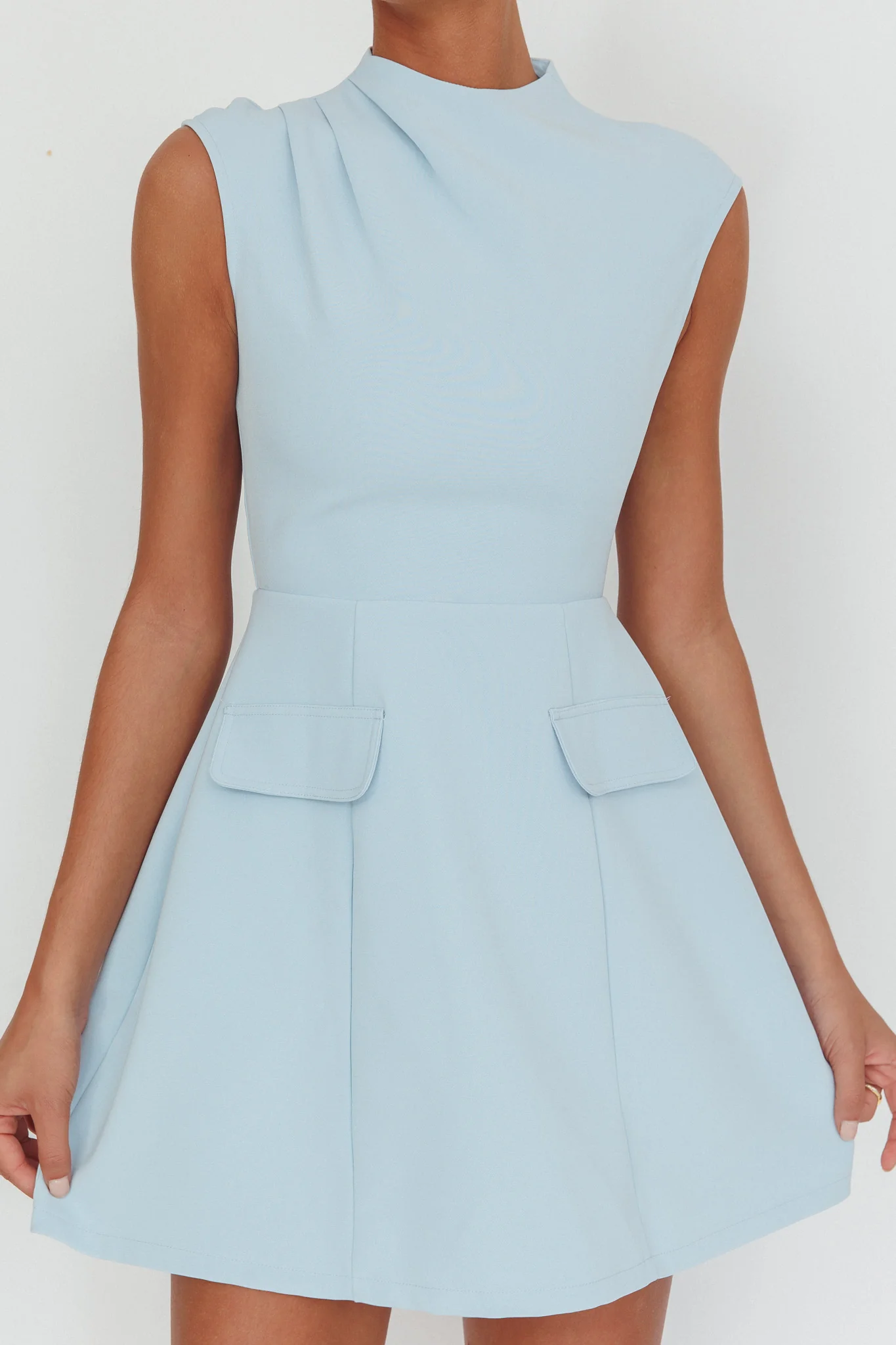 Thandi Pleat Shoulder Faux Pocket Mini Dress Steel Blue - Image 2