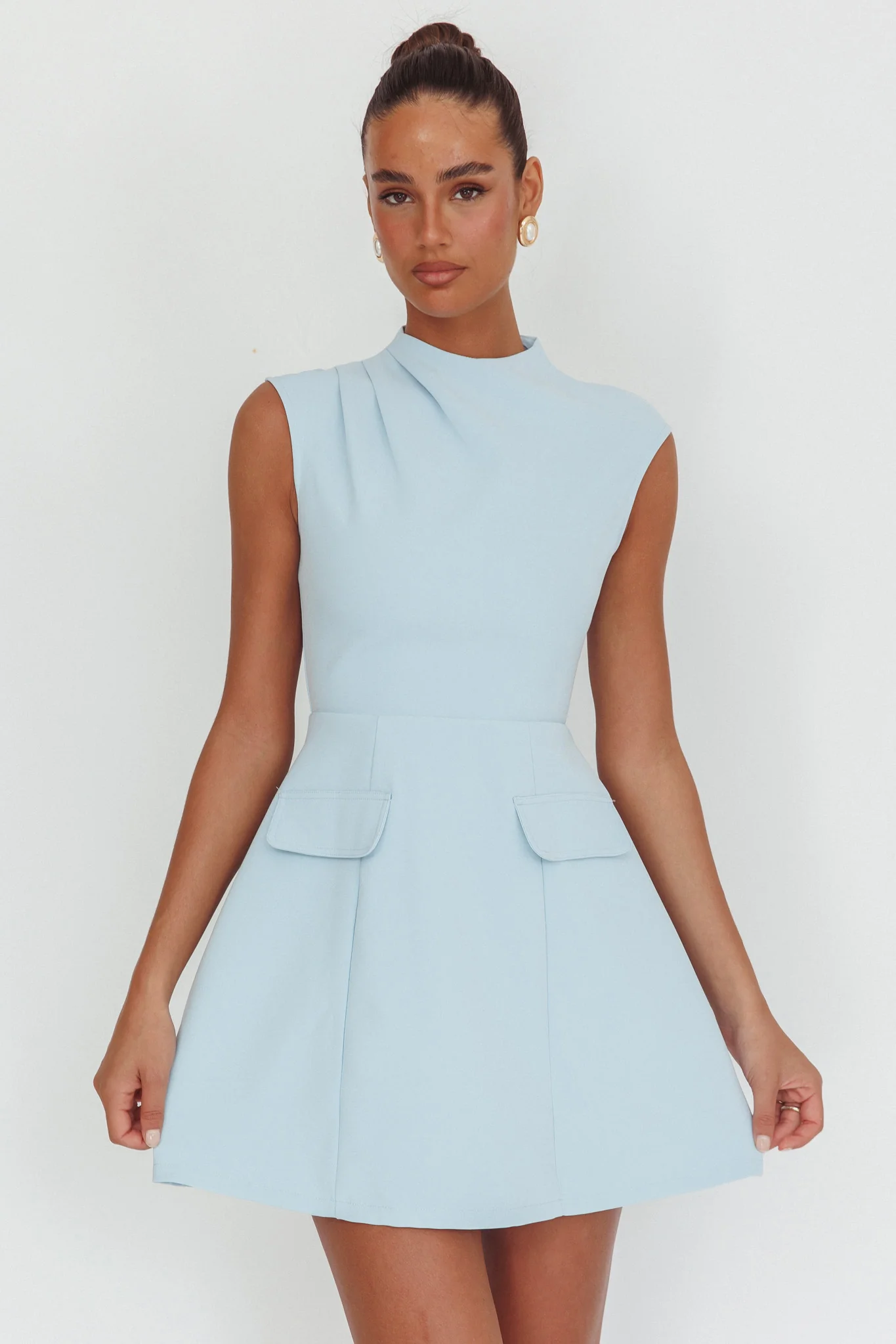 Thandi Pleat Shoulder Faux Pocket Mini Dress Steel Blue - Image 5