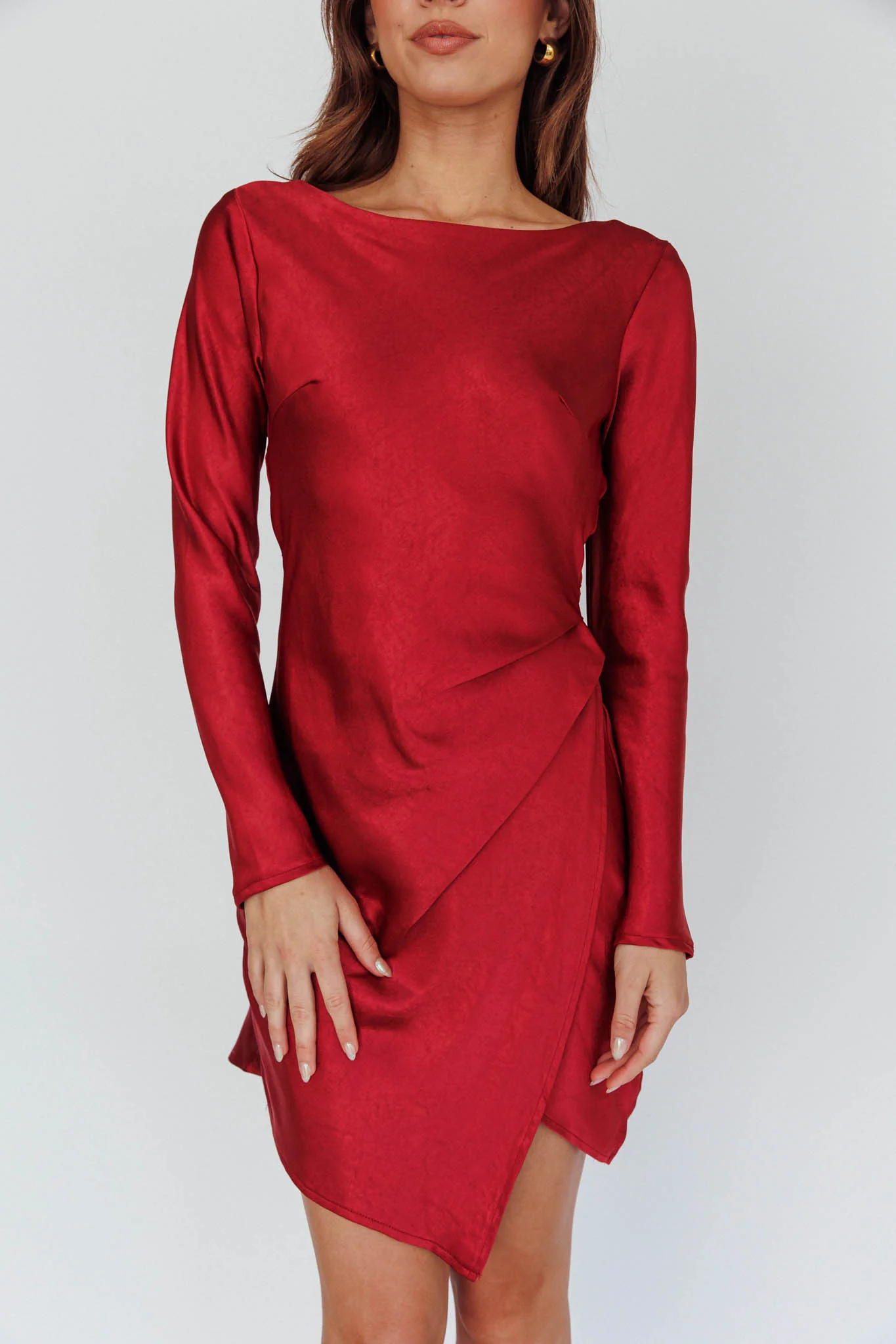 Thank Me Later Long Sleeve Open Back Dress Wine - Image 4