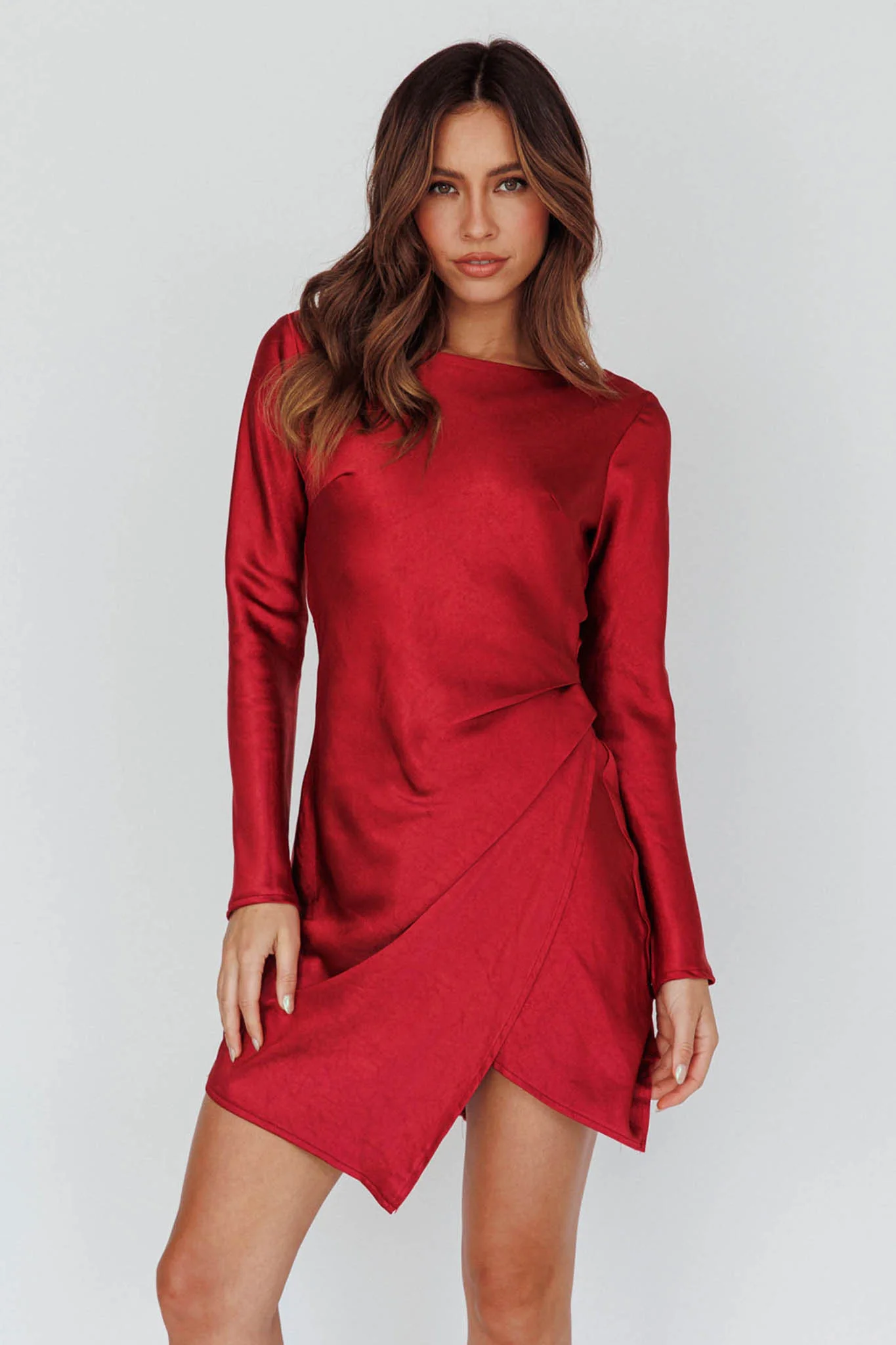 Thank Me Later Long Sleeve Open Back Dress Wine - Image 5