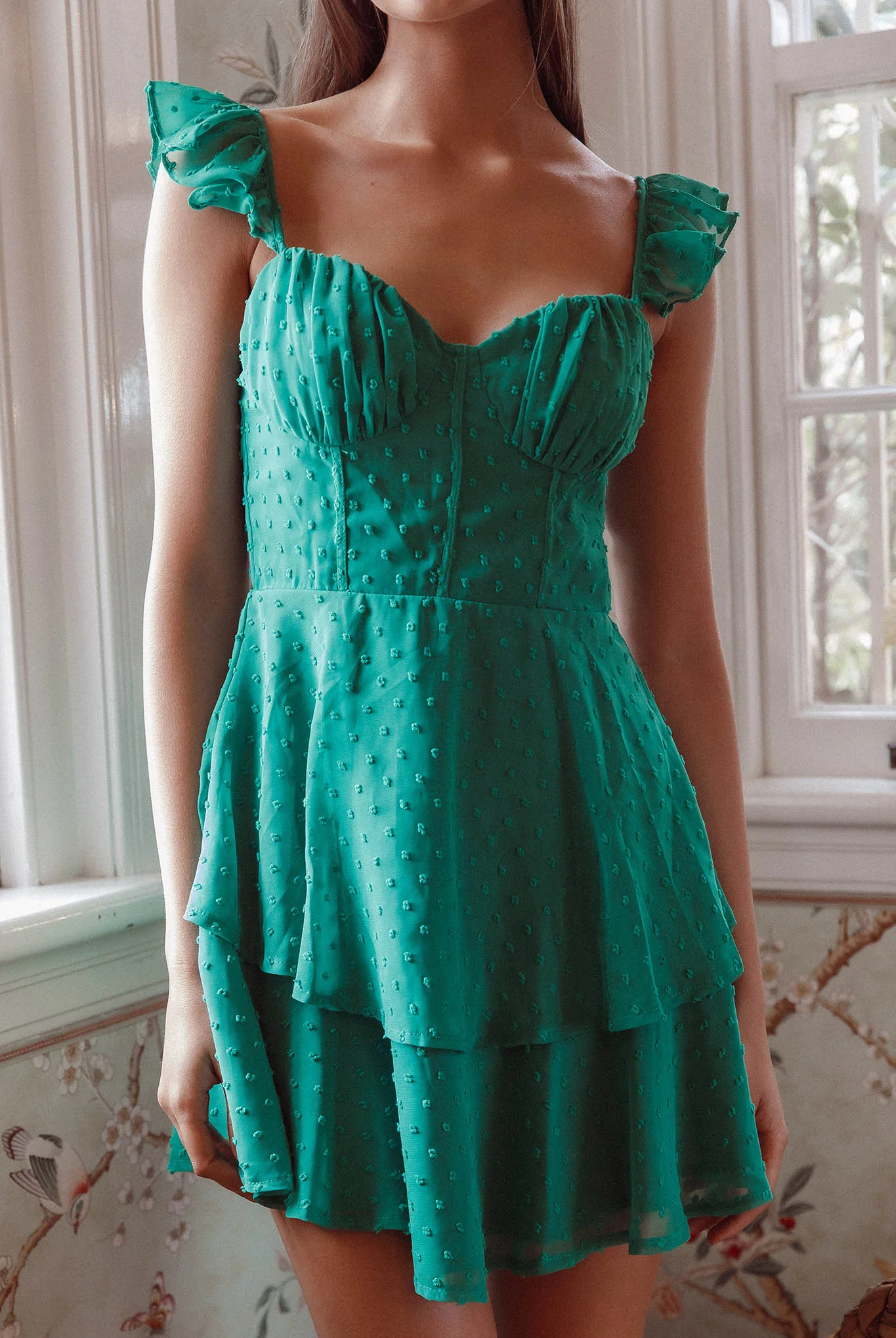 Theory Sweetheart Neckline Frill Strap Mini Dress Textured Green - Image 4