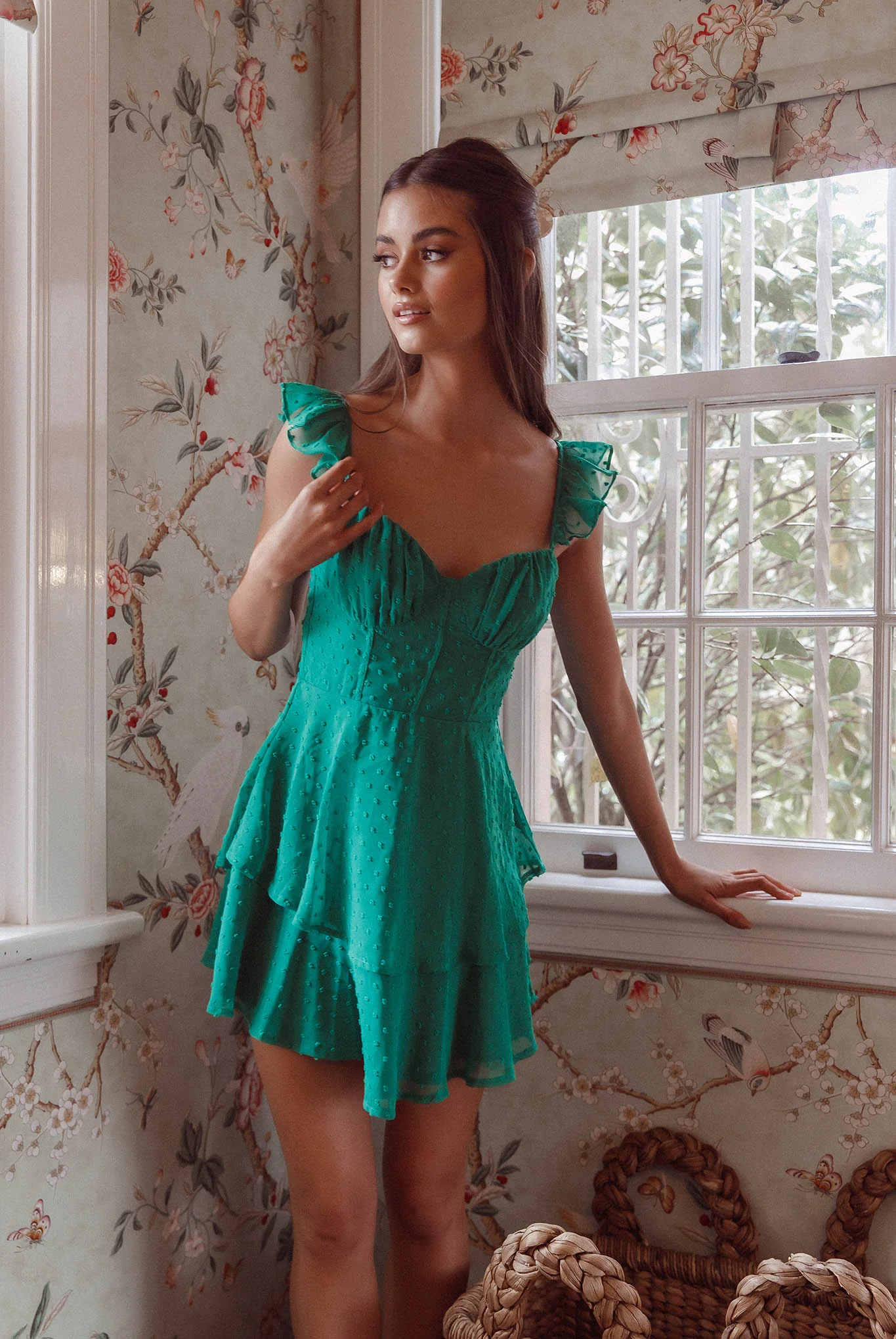 Theory Sweetheart Neckline Frill Strap Mini Dress Textured Green - Image 5