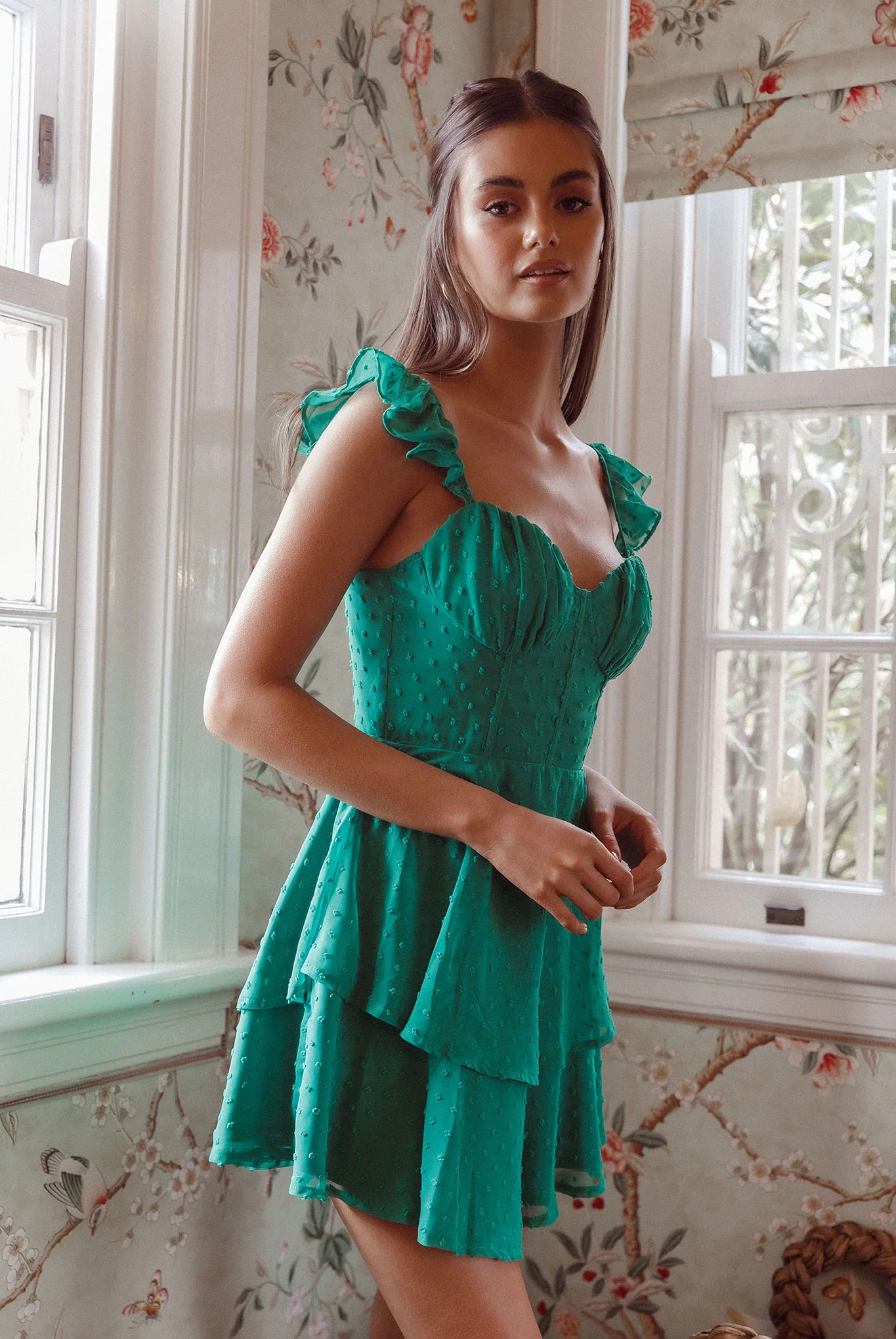 Theory Sweetheart Neckline Frill Strap Mini Dress Textured Green - Image 6