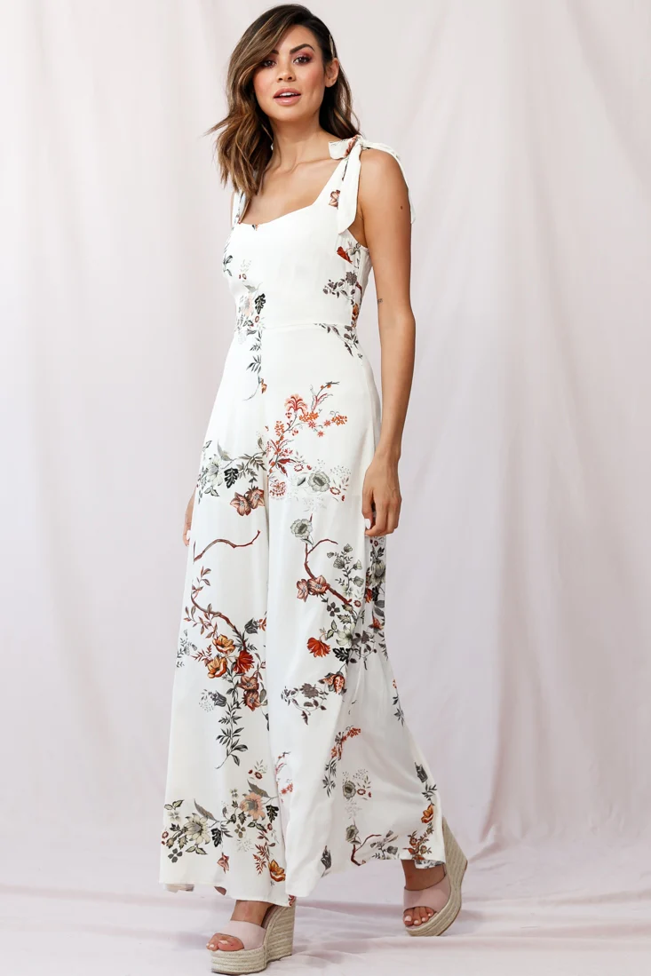 Therese Tied-Shoulder Wide Leg Jumpsuit Floral Print Beige - Image 7